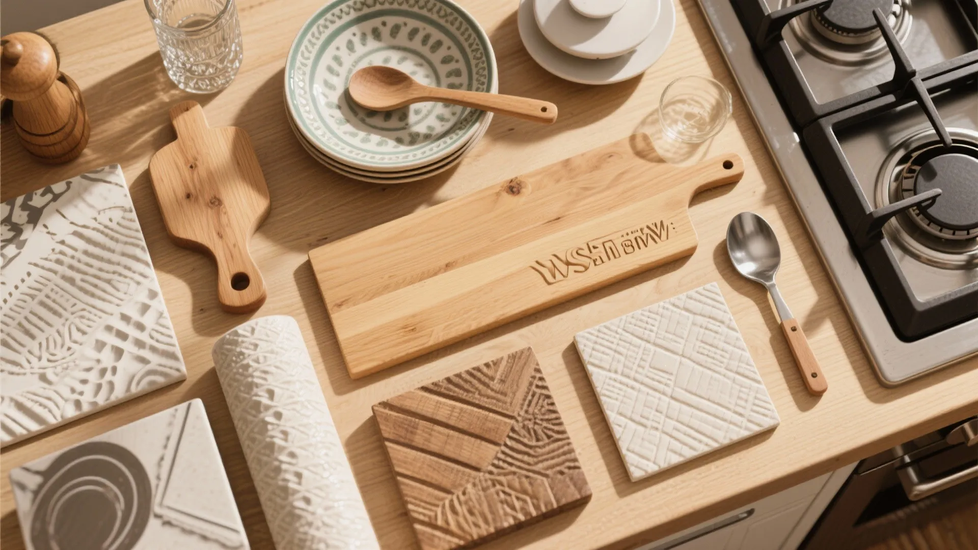 Kitchen counter with wooden cutting boards white textured tiles ceramic plates and a gas stove