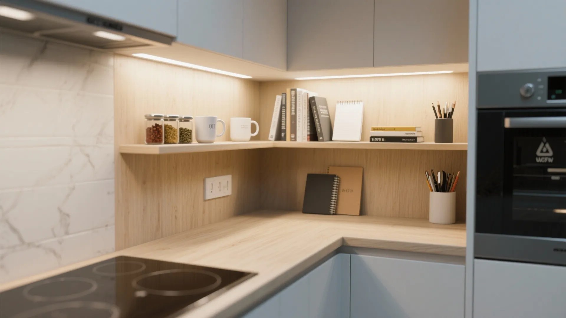 Modern kitchen corner with wooden shelf under cabinets holding books mugs and various small items