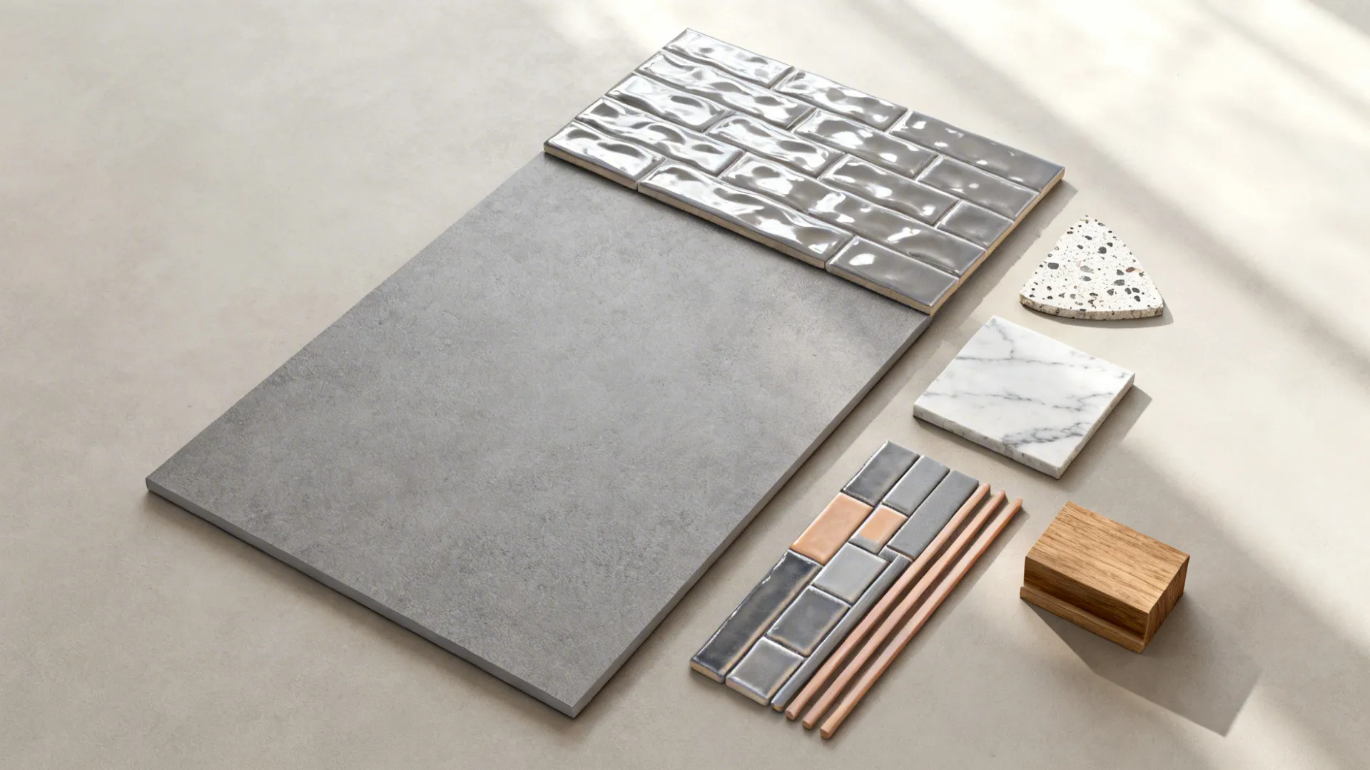 Flat lay of large-format porcelain, textured subway, terrazzo-look, marble-look tiles, and accent strip with grout samples.