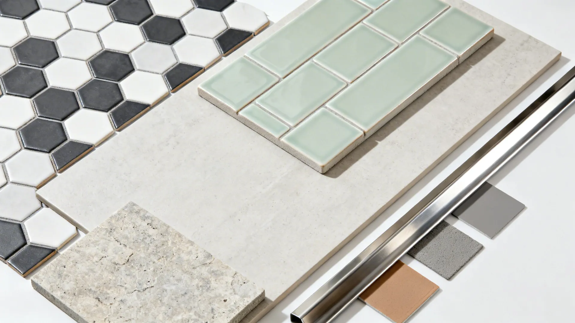Flat lay of hex mosaic, large-format porcelain, sage subway, stone-look tile, grout, and metal trim.