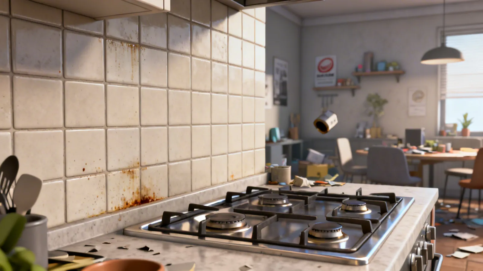 kitchen backsplash tiles with visible grease buildup near stove