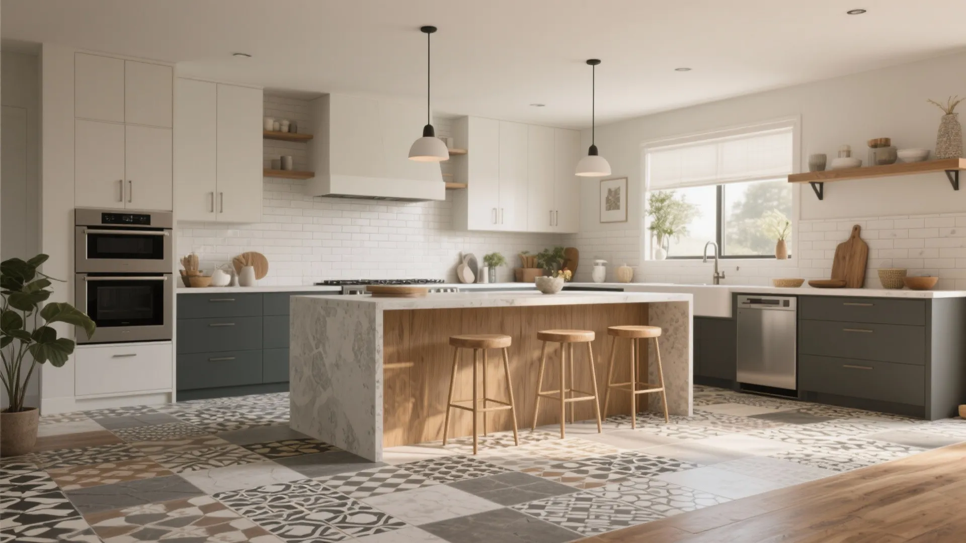 Modern kitchen with patterned floor tiles white cabinets marble island wood stools and hanging ceiling lights