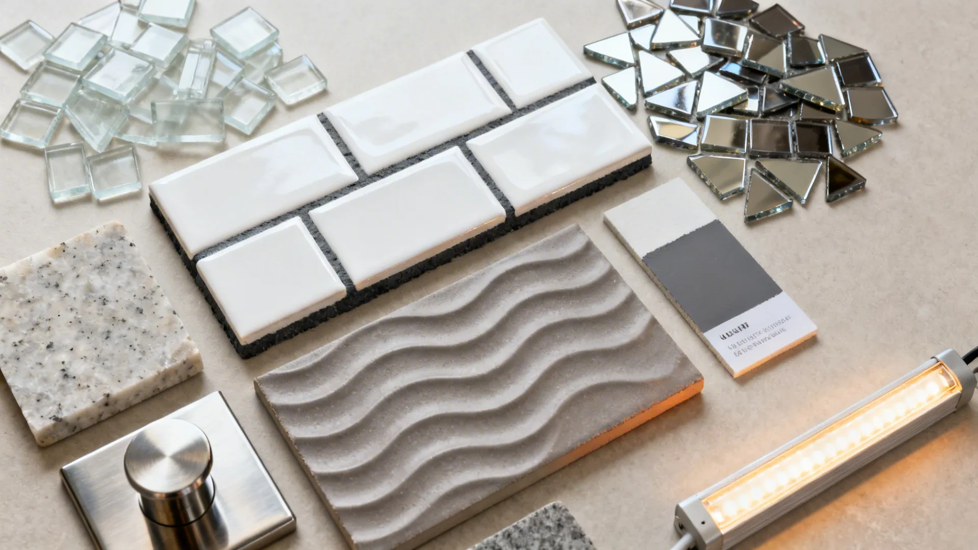 Flatlay of glass, mirrored mosaic, glossy and matte subway tiles with grout and countertop samples.
