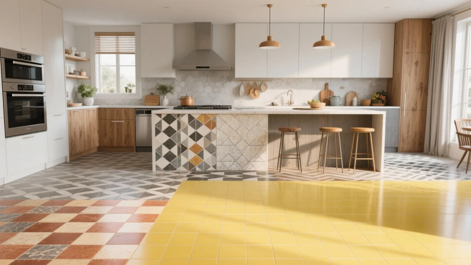 Modern kitchen featuring colorful floor tiles with wood cabinets white countertops and three wooden bar stools