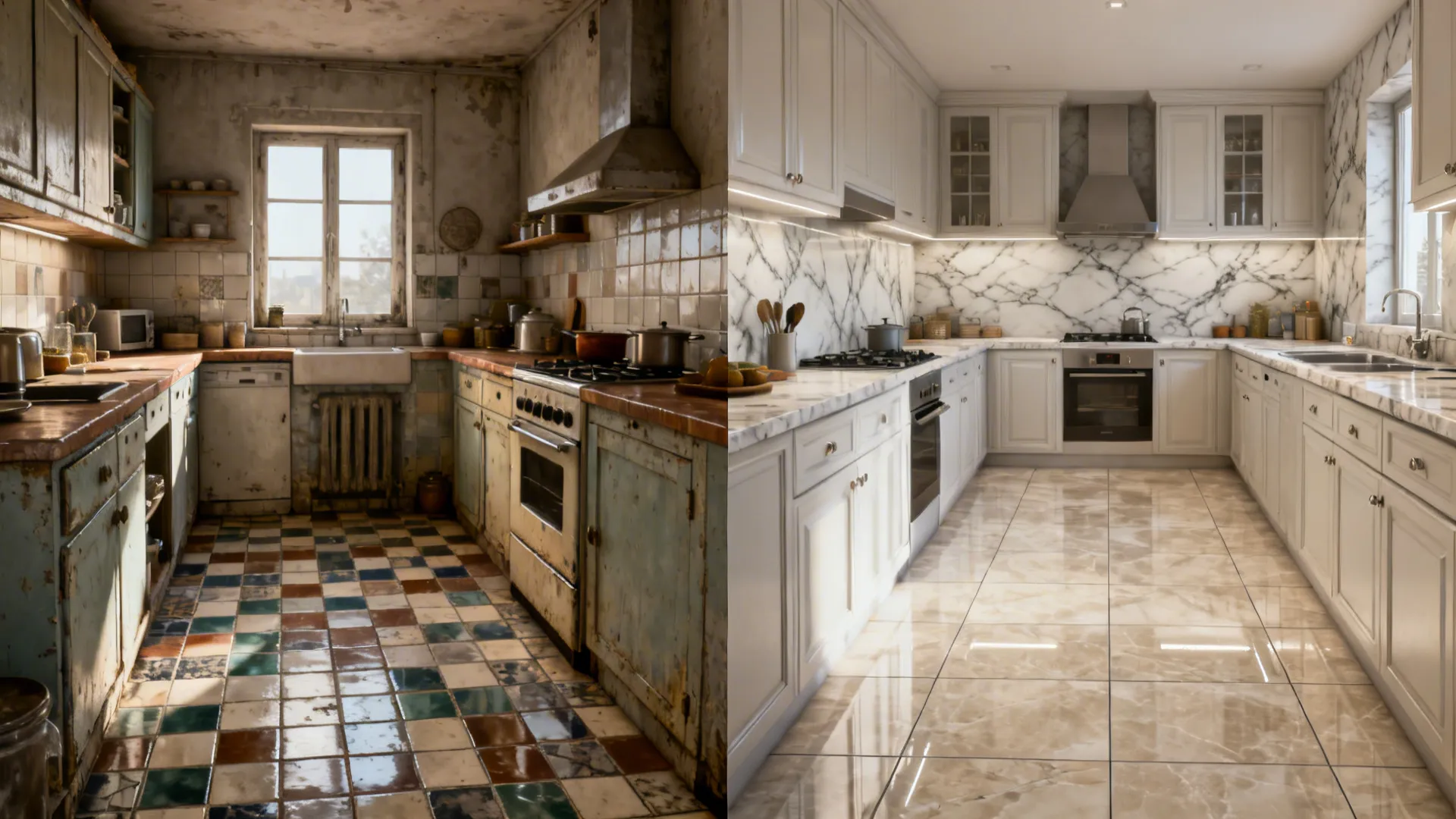 Before-and-after of a small kitchen showing improved tiles and grout choices for a cleaner look.