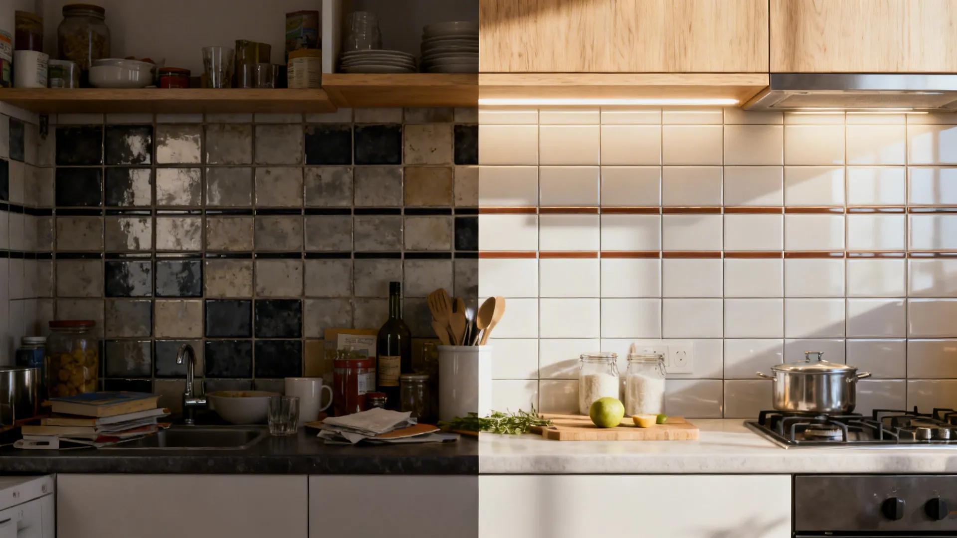 Before-and-after of a small kitchenette wall showing heavy grout replaced by satin tiles with matching grout and better lighting.