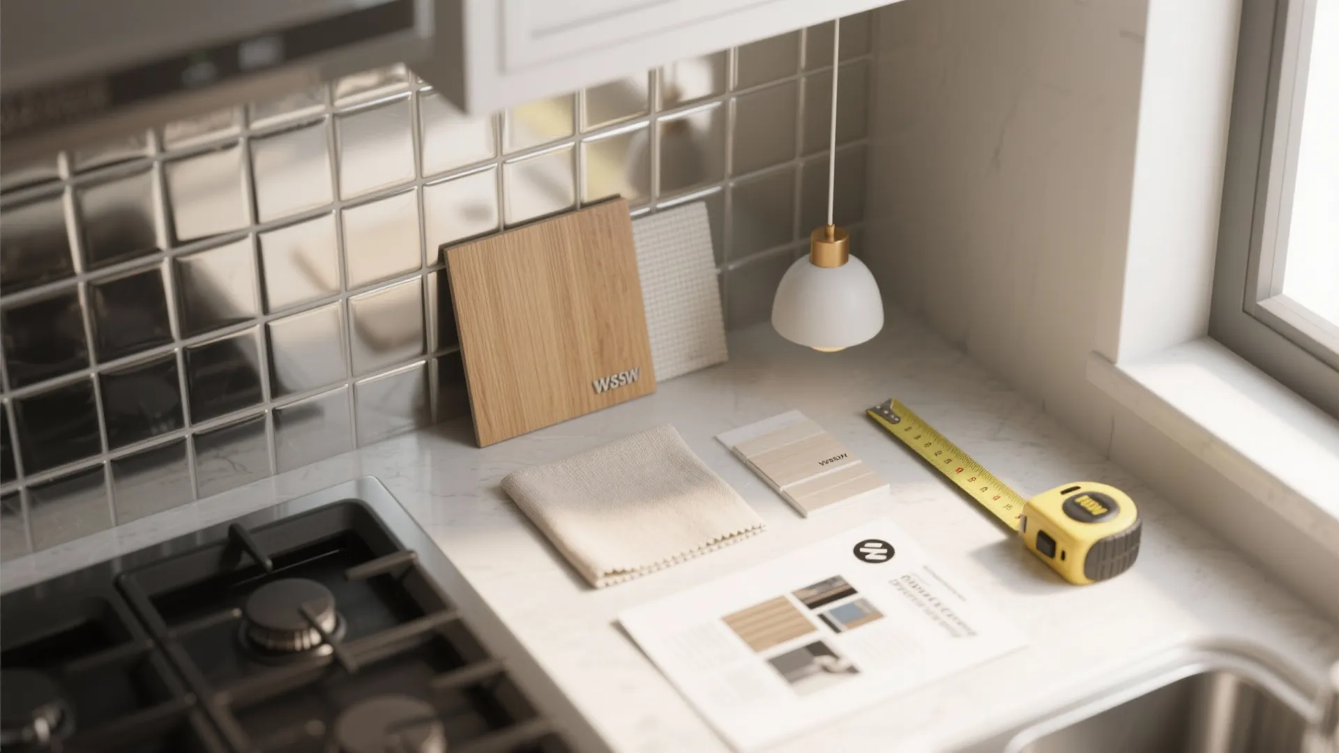 Kitchen counter with wood samples fabric tape measure and small light fixture for renovation planning
