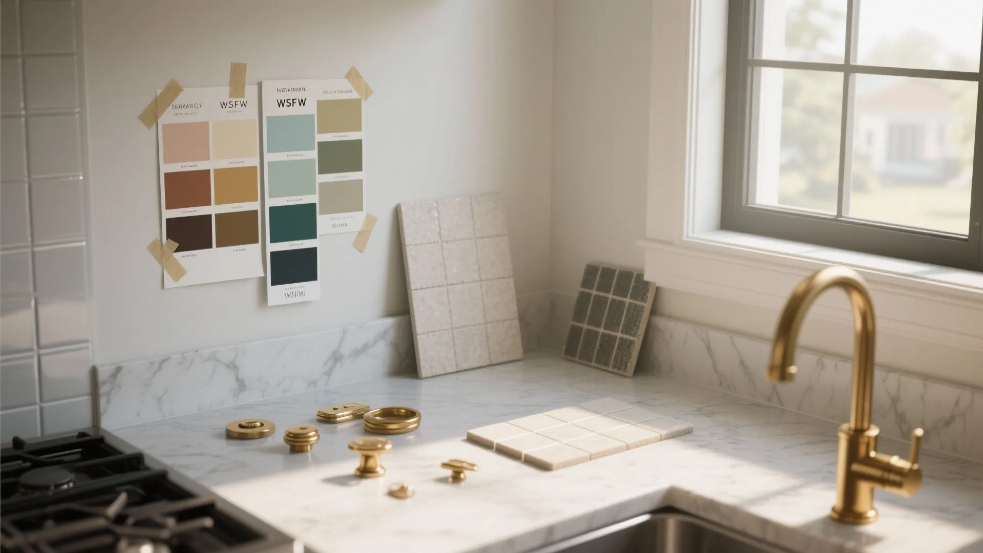 Kitchen counter with marble top gold water tap color palette charts and small tile samples
