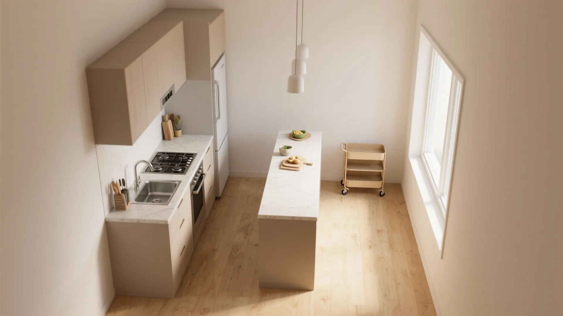 2. Kitchen on One Wall, Island on Wheels