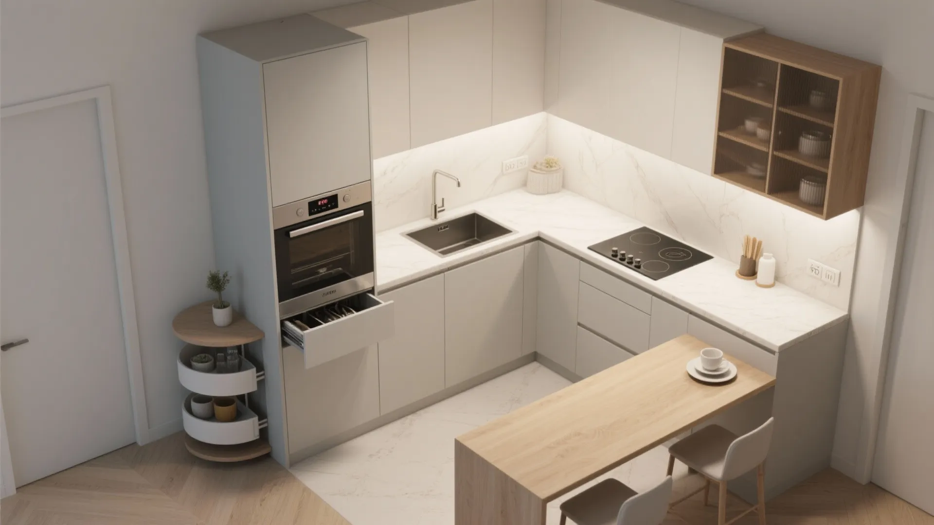 L-shaped 1 BHK kitchen with vertical zones