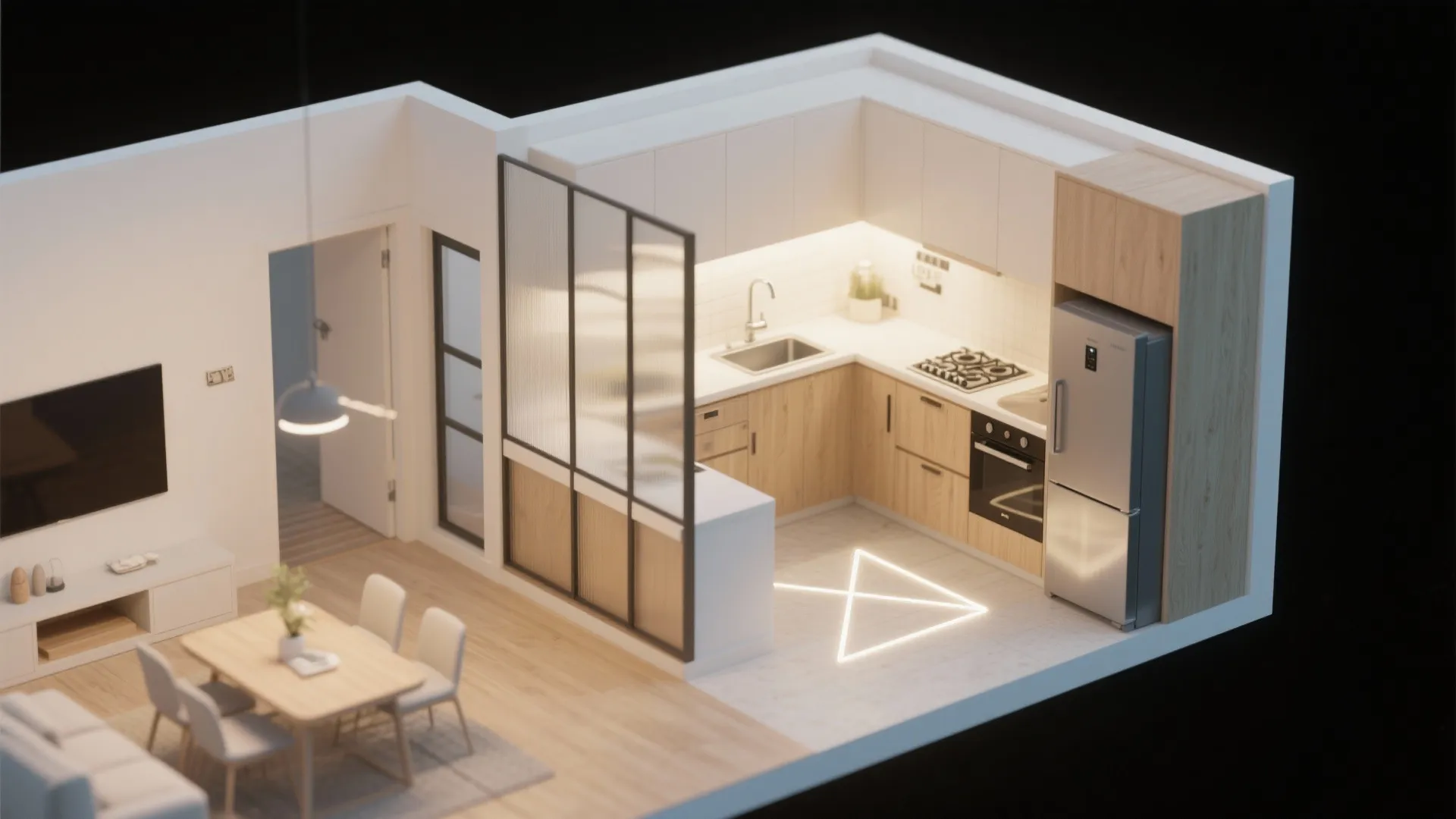 Idea 1: An L-shaped kitchen that shares light with the living-dining