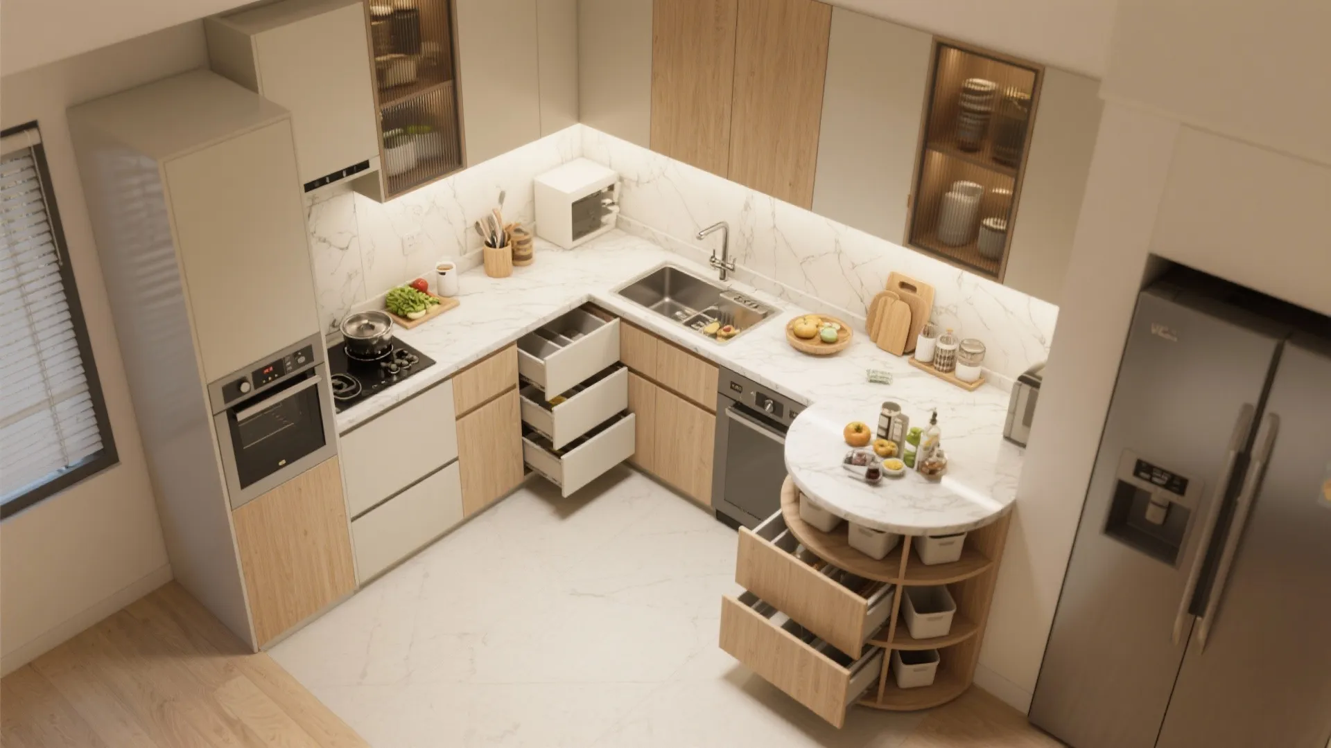 Top view interior design drawing of L-shaped kitchen with wood cabinets marble island and appliances