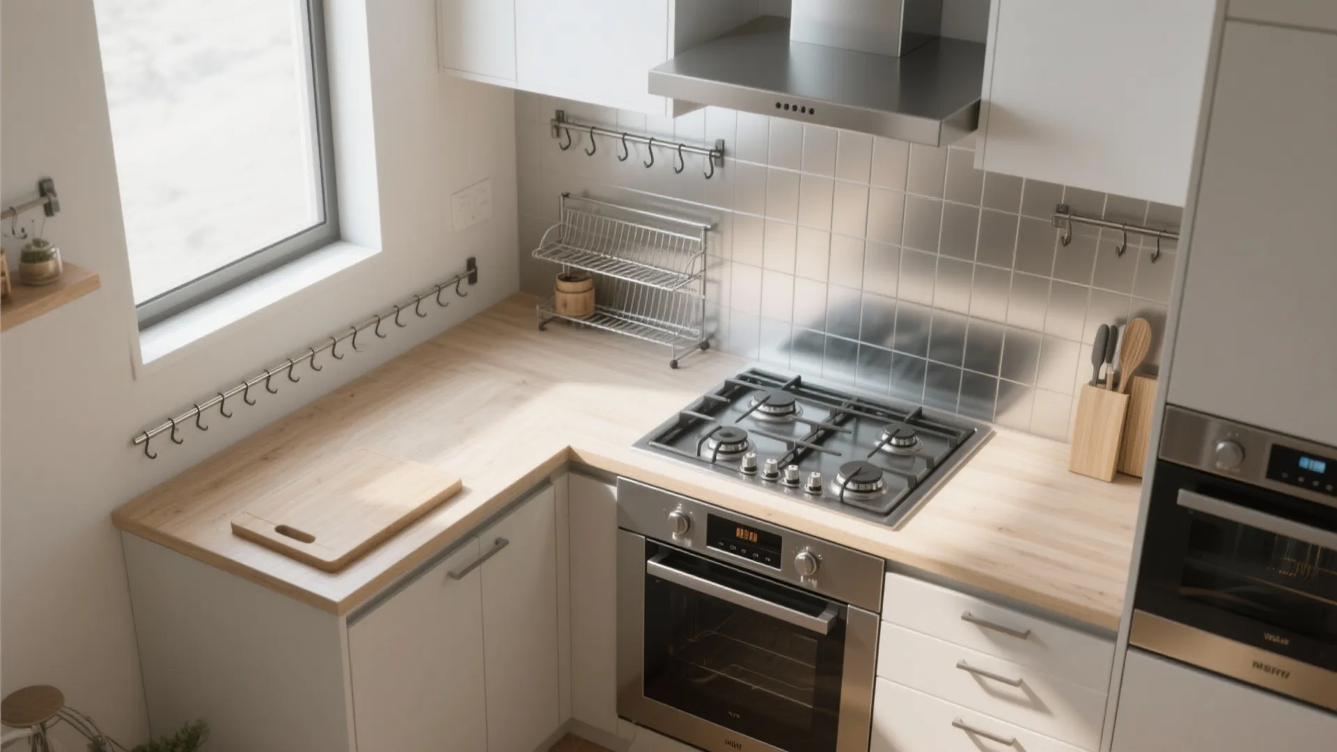 Top down view of small kitchen with wood countertop gas stove oven and silver tiles