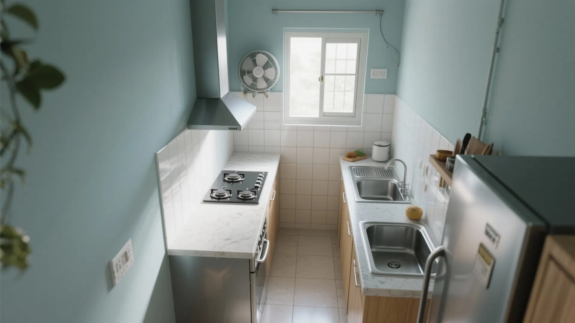 Top-down galley kitchen plan showing a wall fan near a window, clear aisles, and a vent hood.