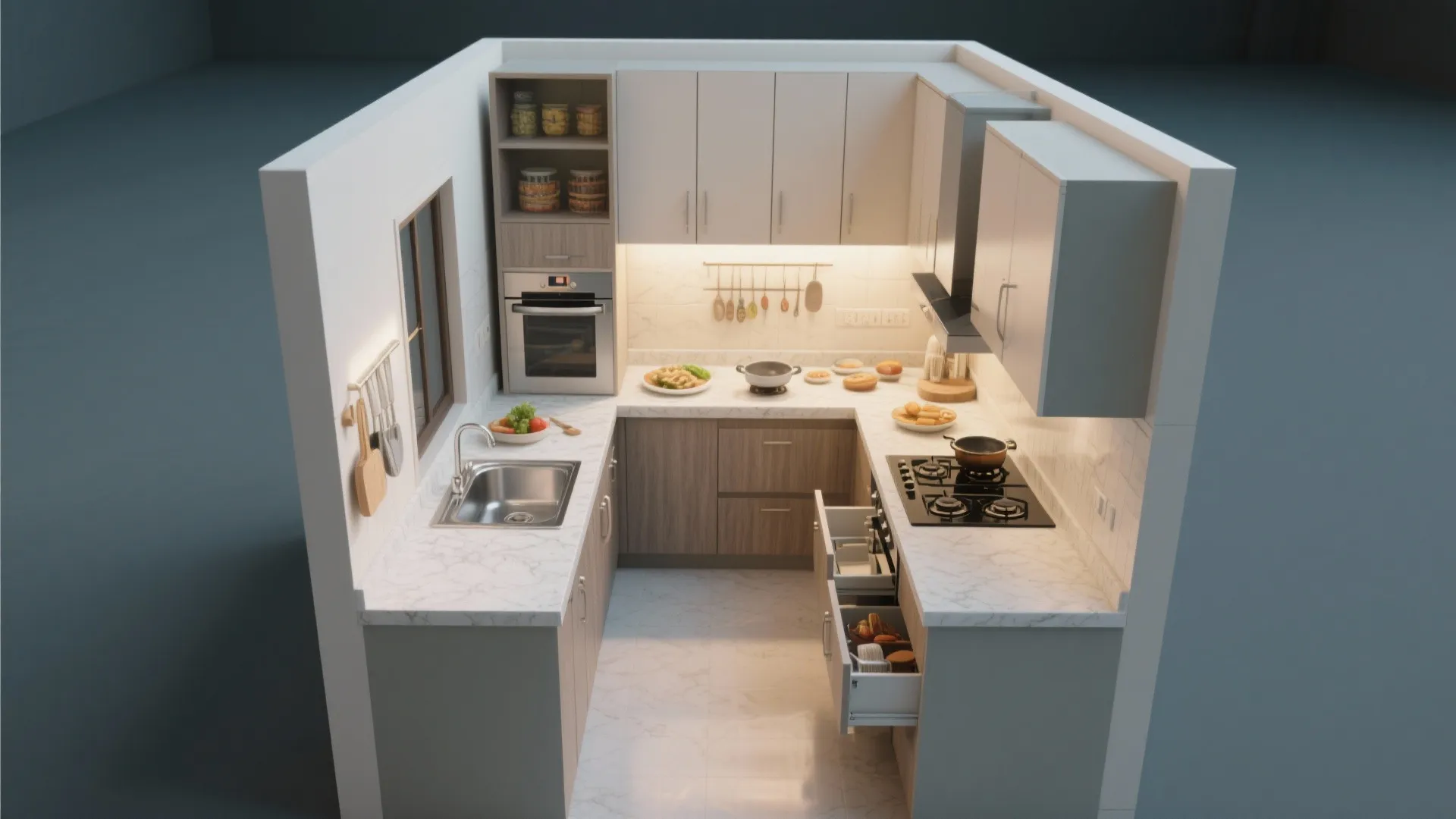 Modular Kitchen With Vertical Storage and Light Finishes
