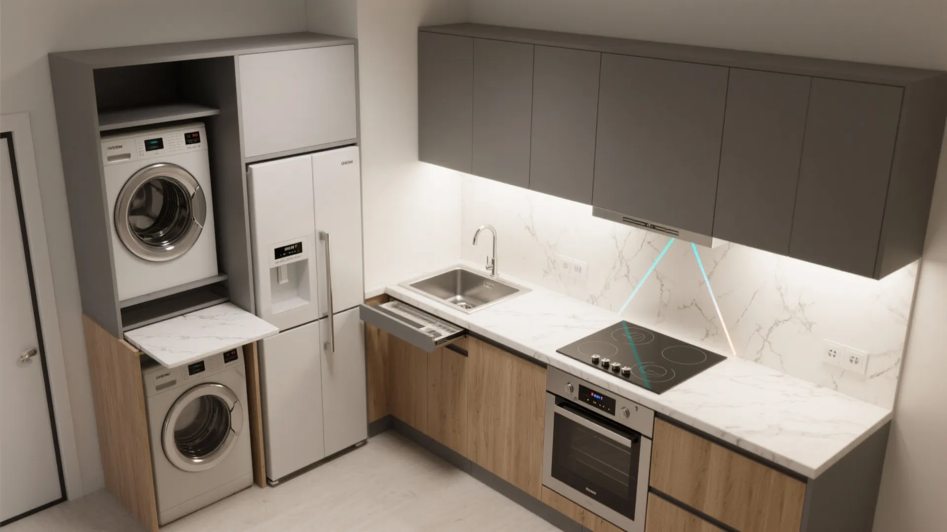 2) A modular kitchen that integrates utility and a real work triangle
