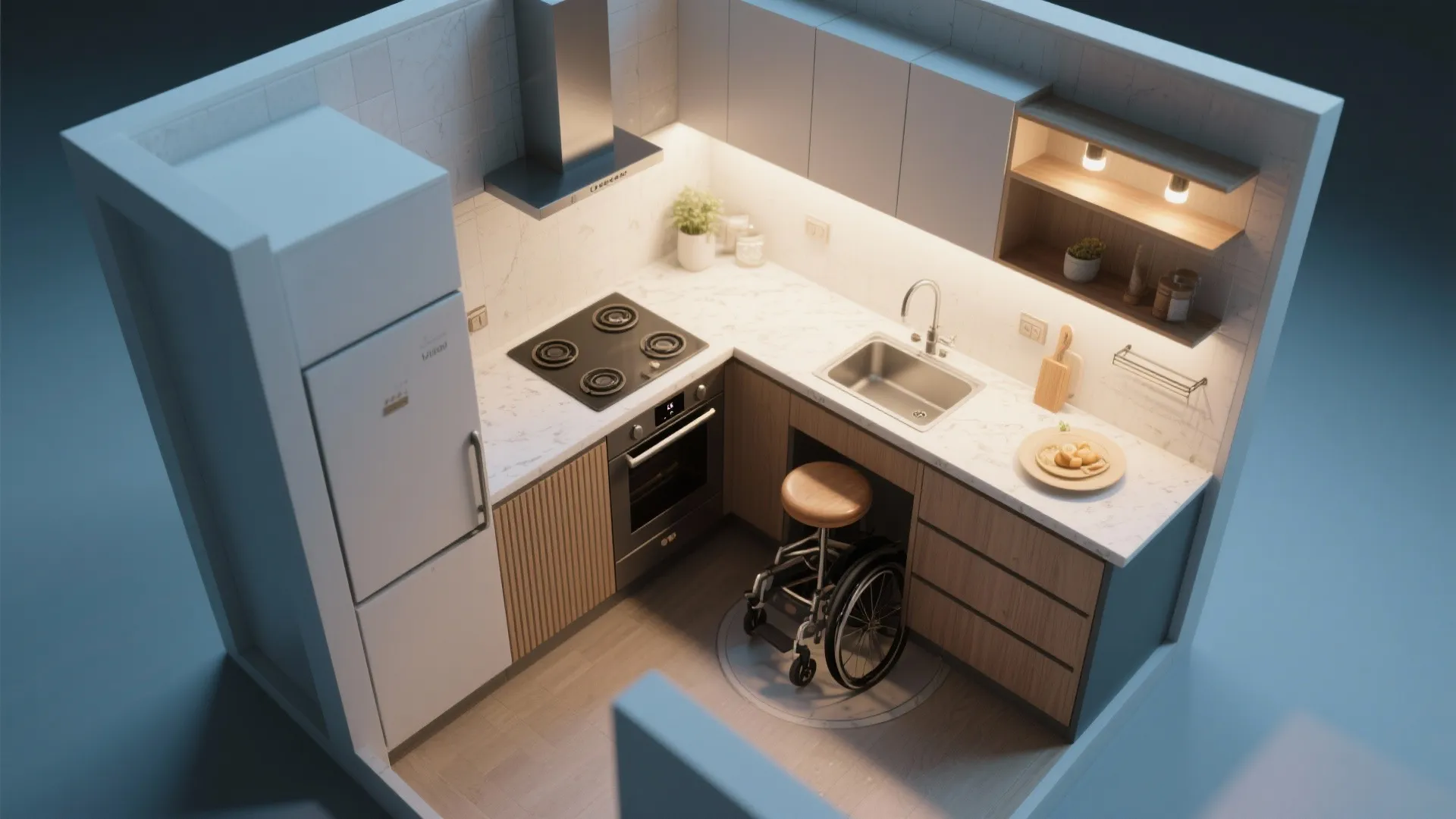Accessible kitchen design with lowered counters sink stove and wheelchair space for easy home movement