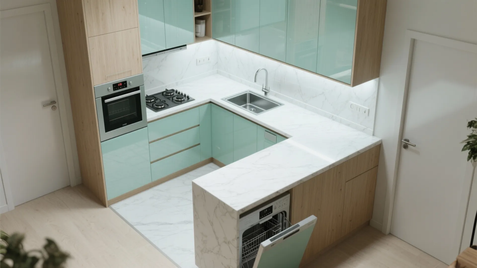 Compact kitchen planning: L-shaped + peninsula for efficiency
