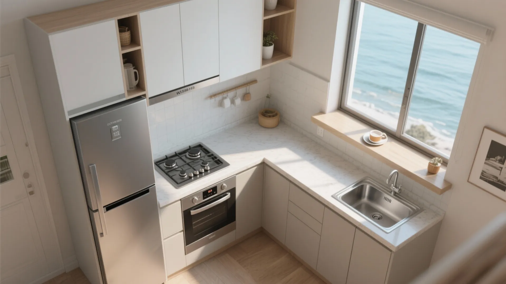 Smart L-shaped kitchen with a breakfast ledge