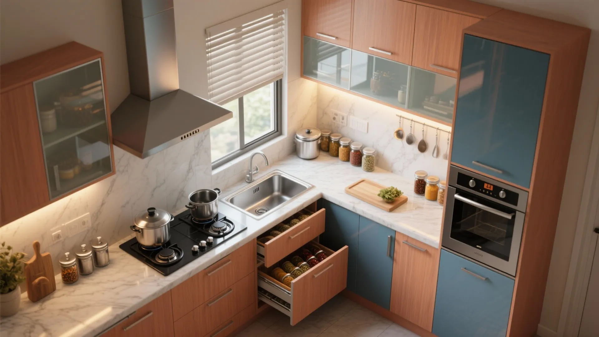 Top down interior design drawing of a modern kitchen with wooden cabinets and blue accents