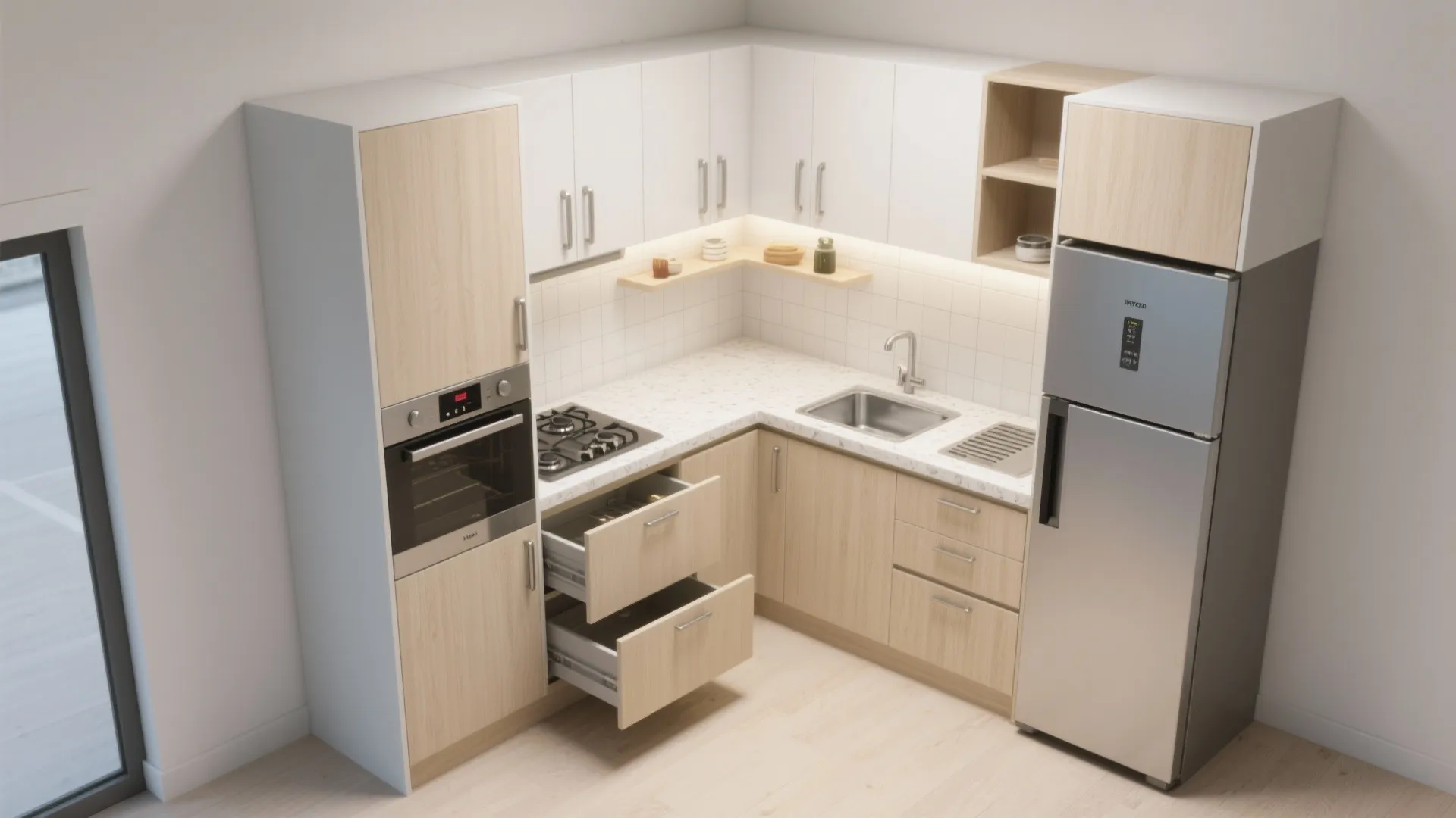 Compact modular kitchen with vertical storage