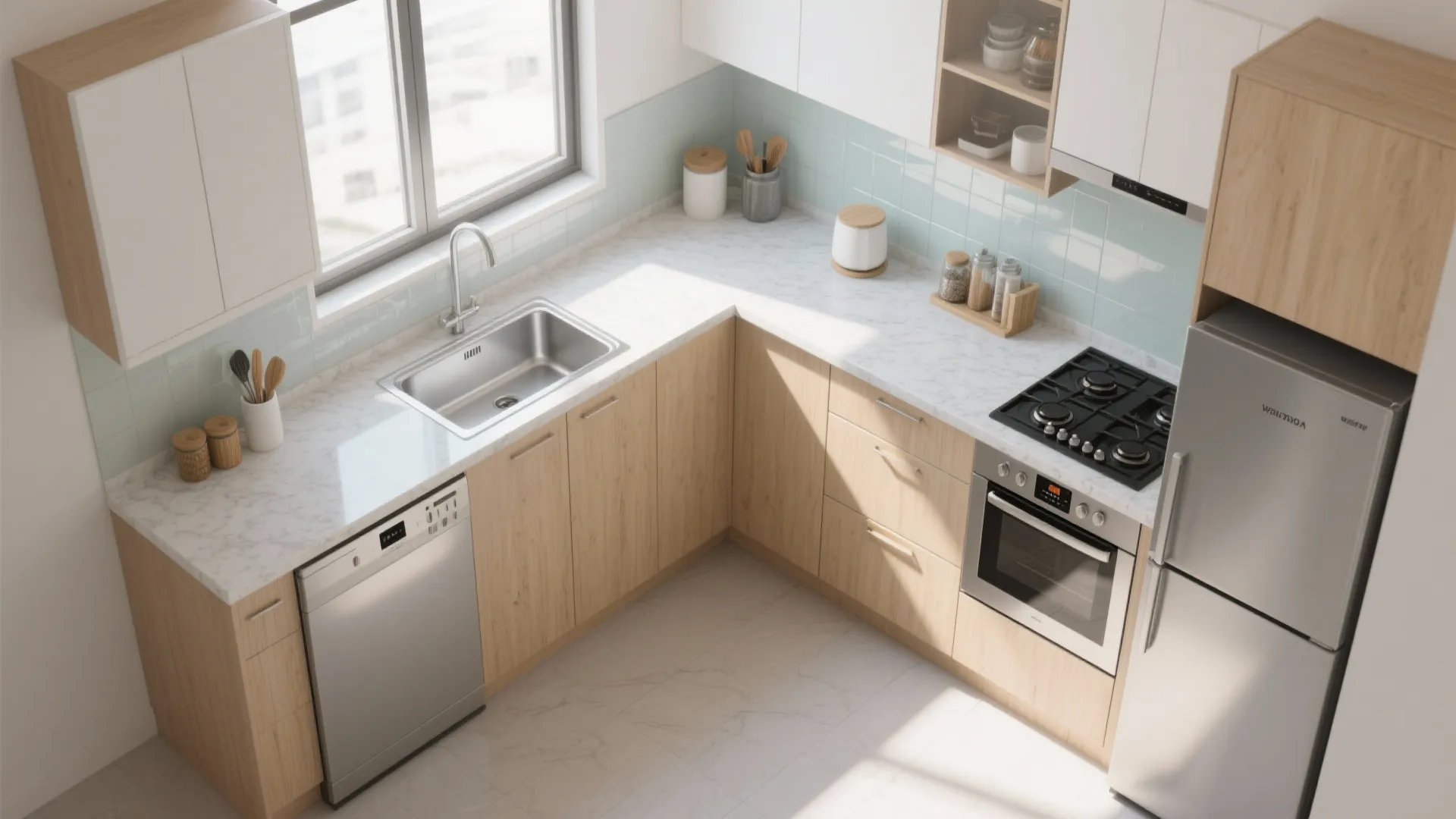Compact L-shaped kitchen that loves the morning sun