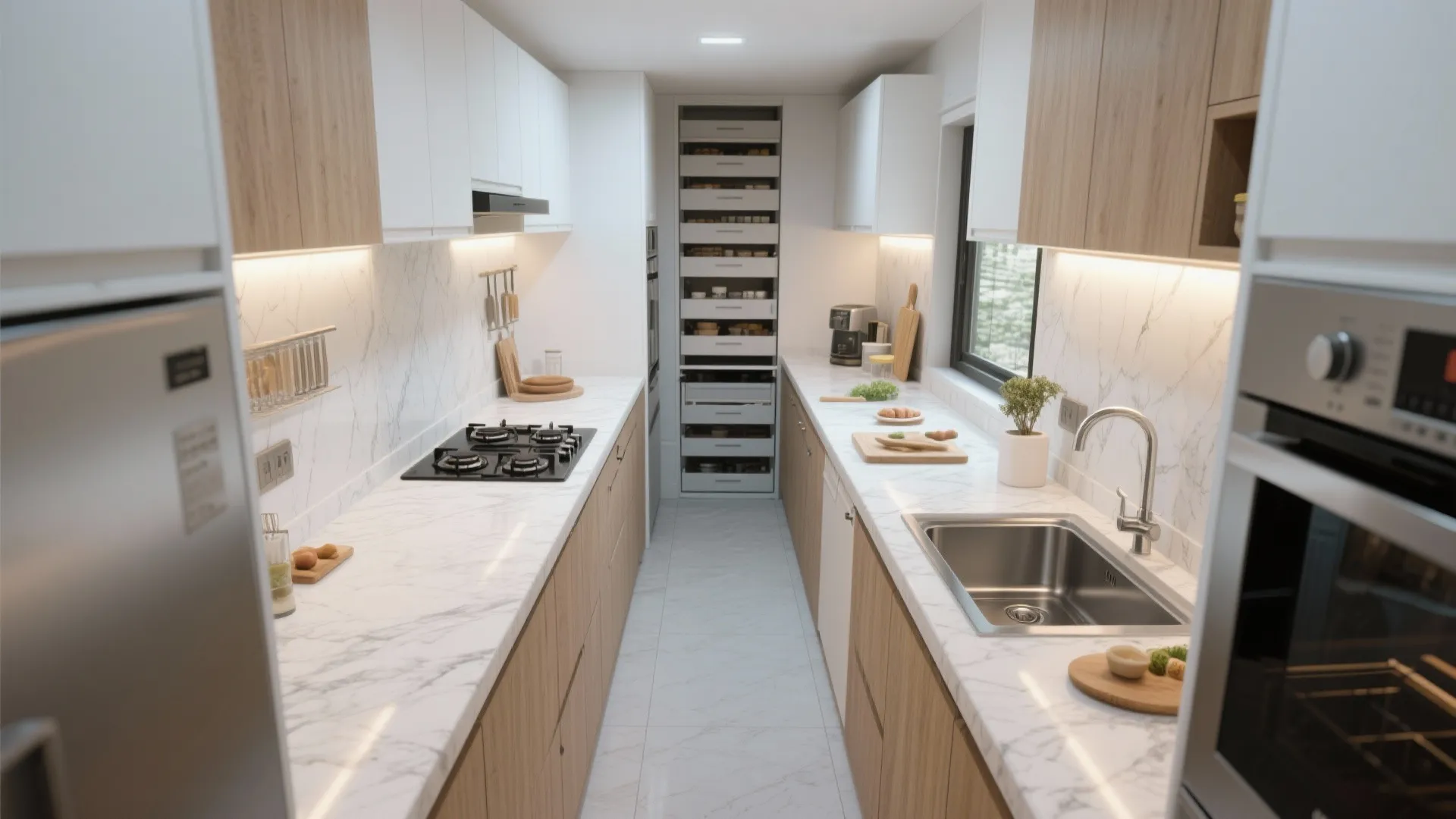 L-Shaped or Parallel Kitchen with a Tall Pantry