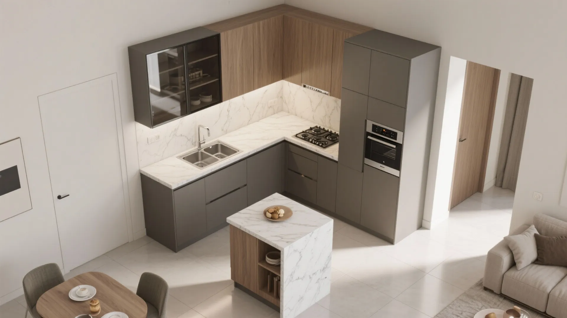1) Zoned Open Living–Dining With a Modular Kitchen
