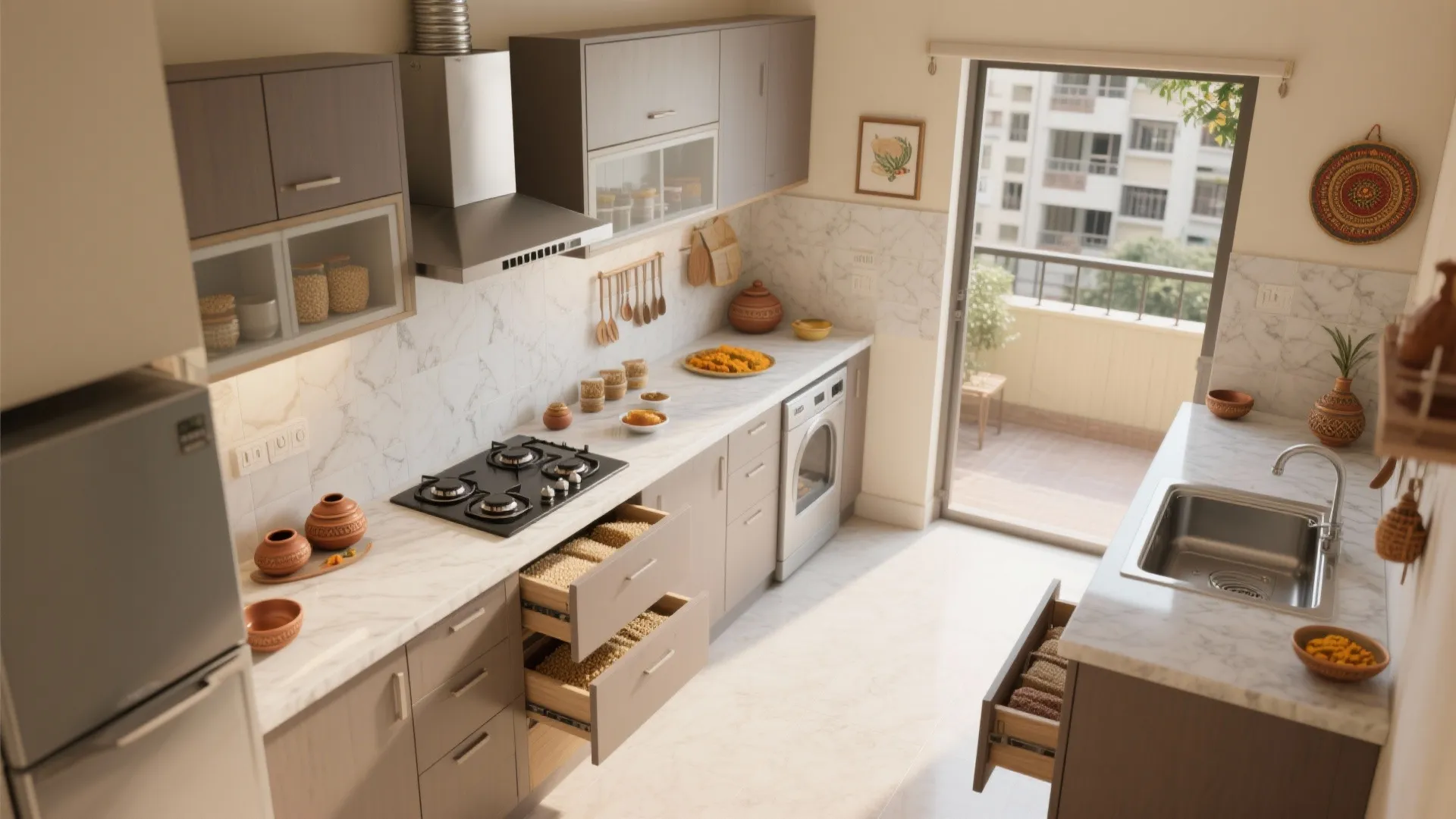 Parallel or L-shaped kitchen that breathes Indian cooking