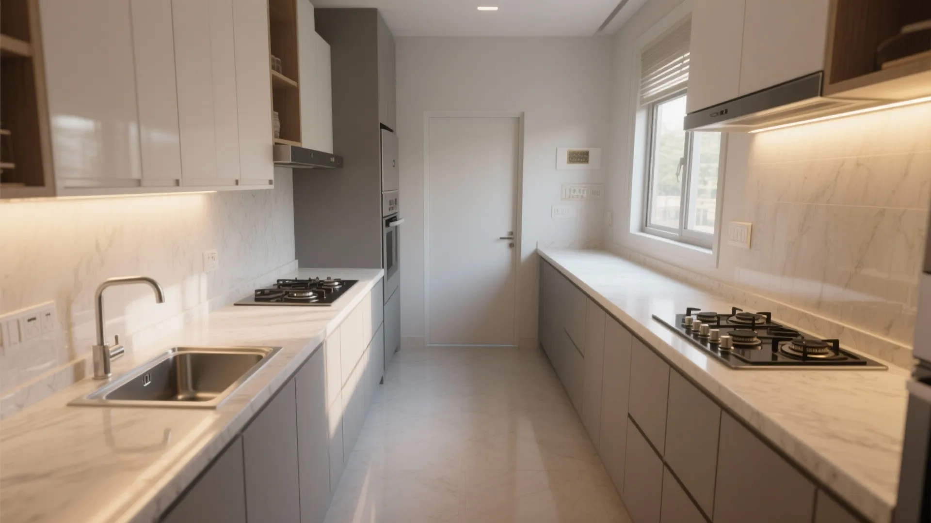 Parallel kitchen with a glass backsplash