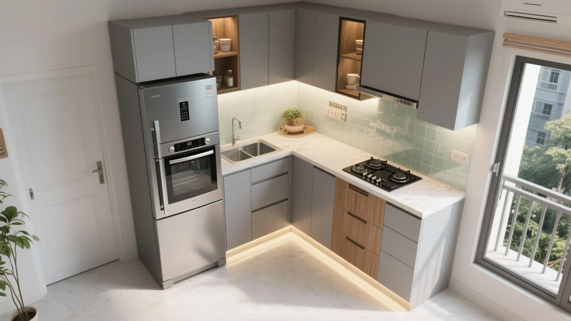 L-Shaped Kitchen + Utility Balcony Integration