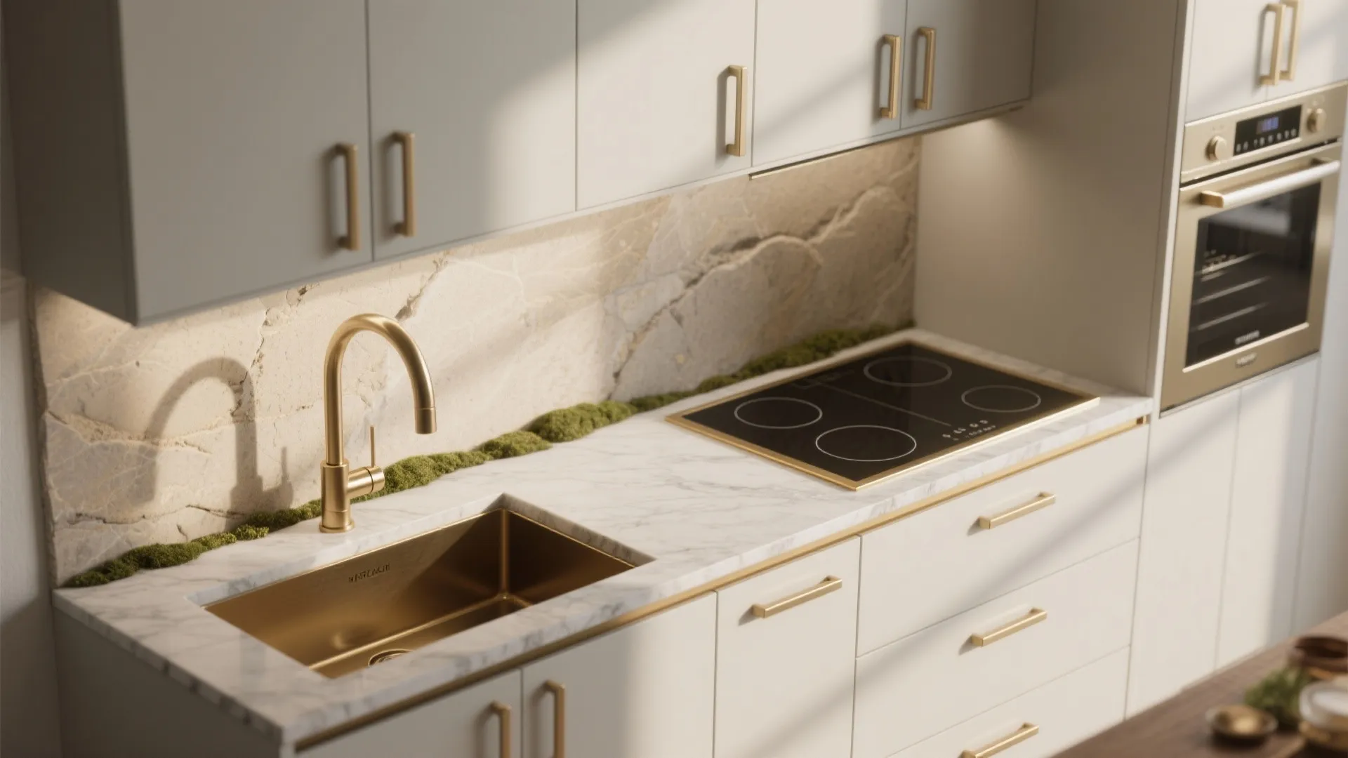 Top-down view of compact kitchen touchpoints: brass pulls, faucet, quartz slab backsplash, slim induction cooktop