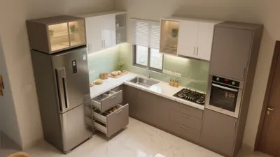 Modern L-Shaped Kitchen with Mint Tile Backsplash & Smart Storage