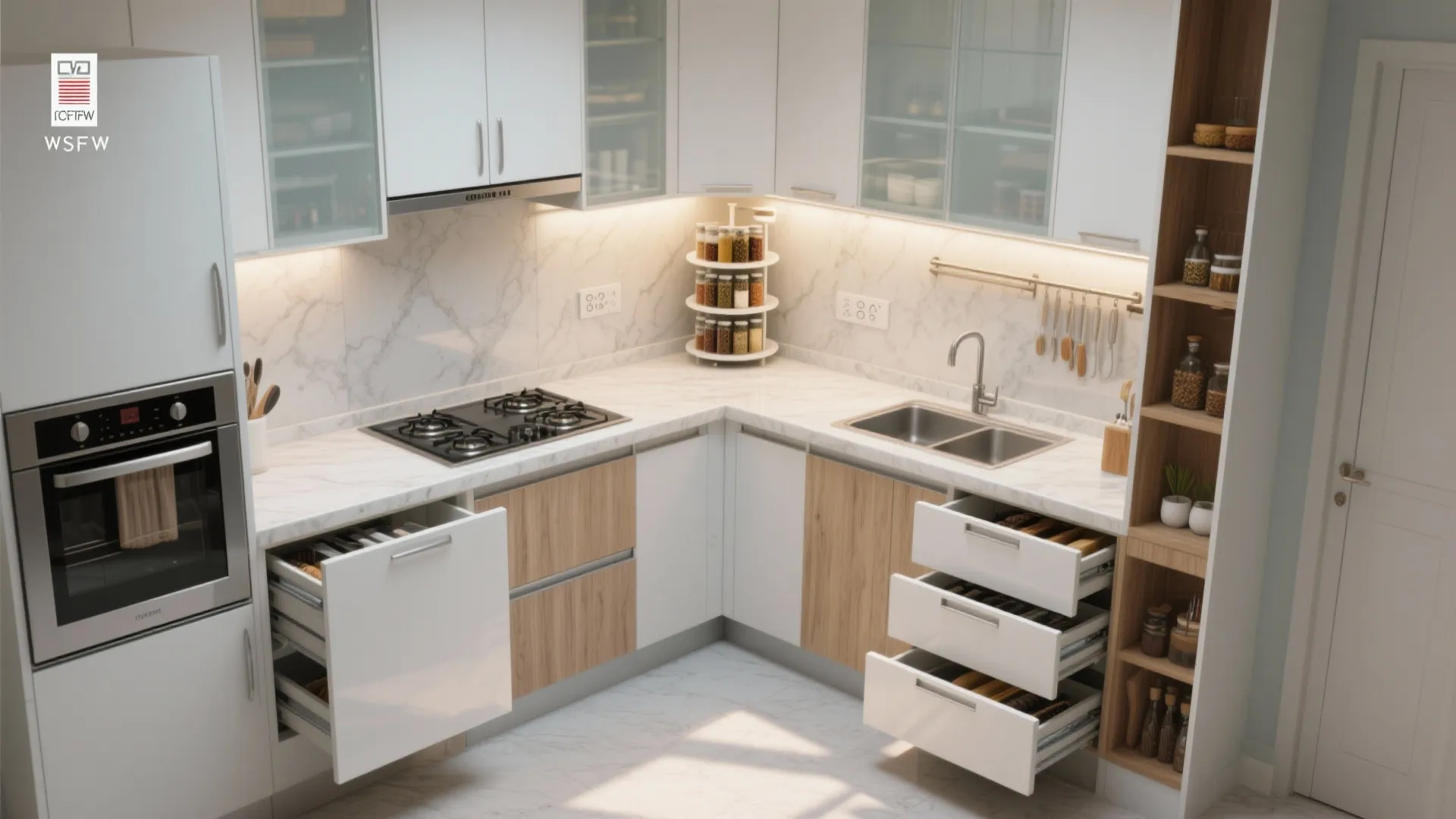 Top-down L-shaped modular kitchen with quartz counters, pull-outs, and a glass backsplash for a Pune 3 BHK.