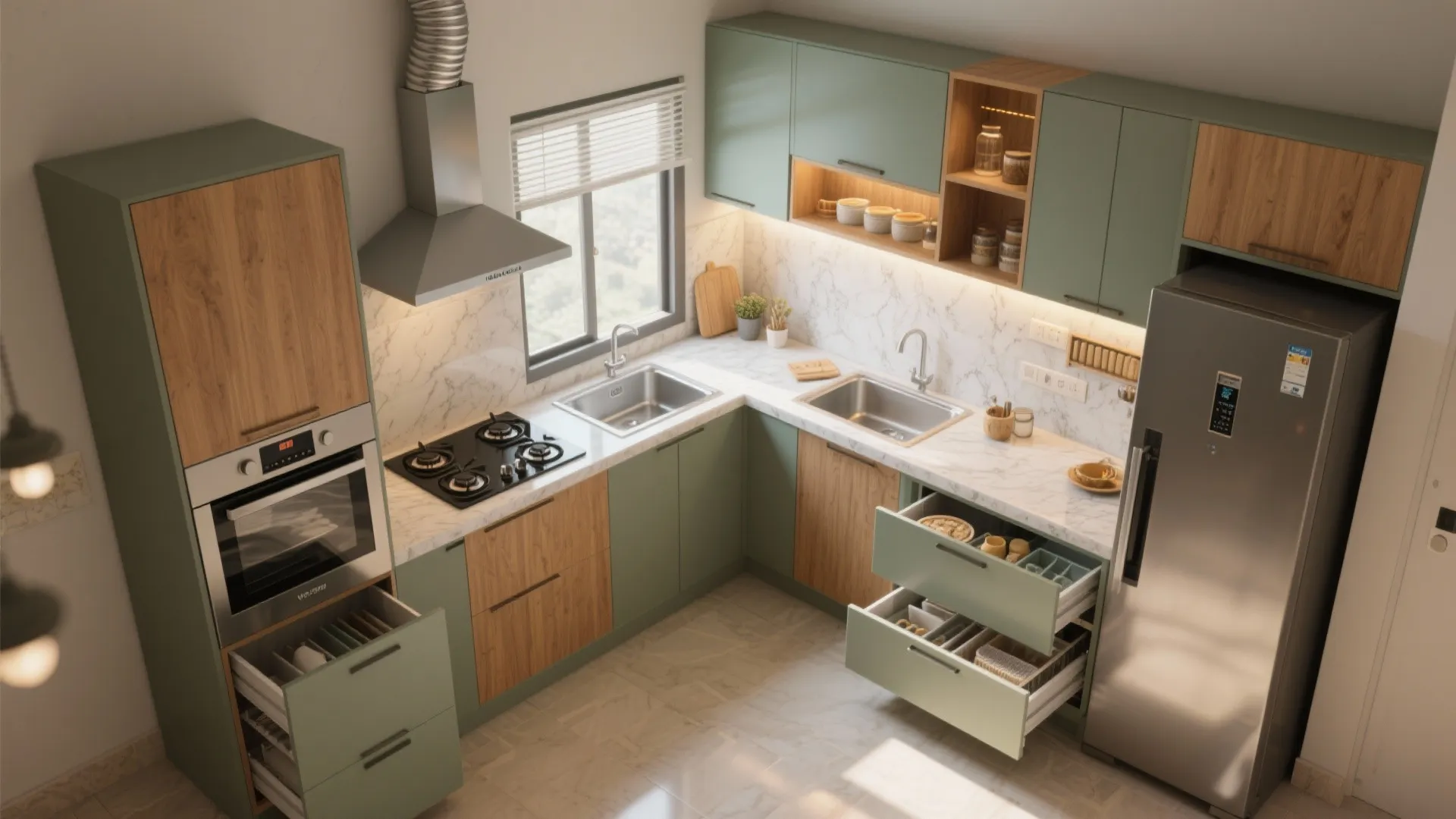 2) A modular kitchen that works hard: L-shaped or parallel