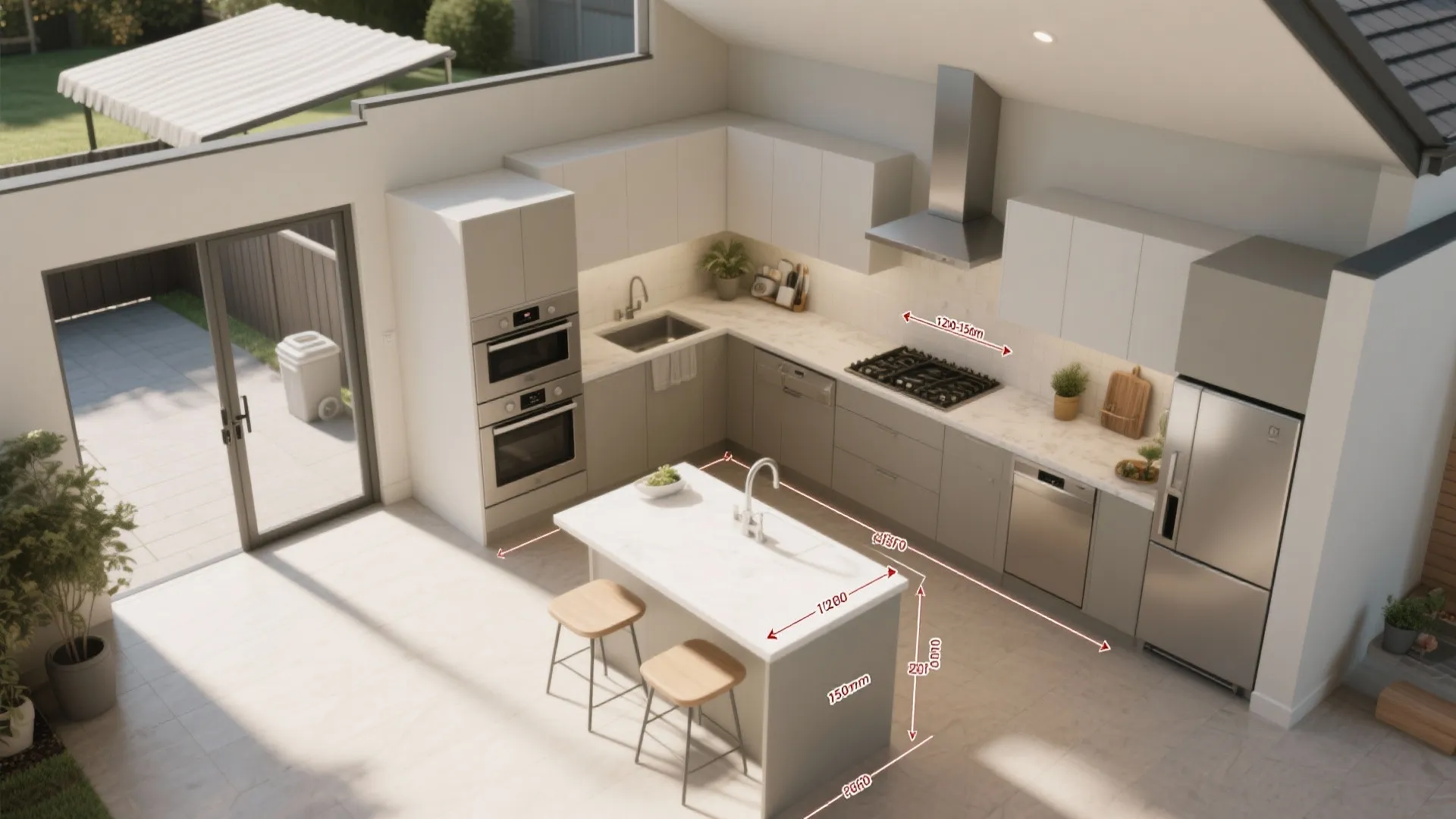 Modern kitchen layout with island stools white cabinets fridge oven and red dimension lines planning