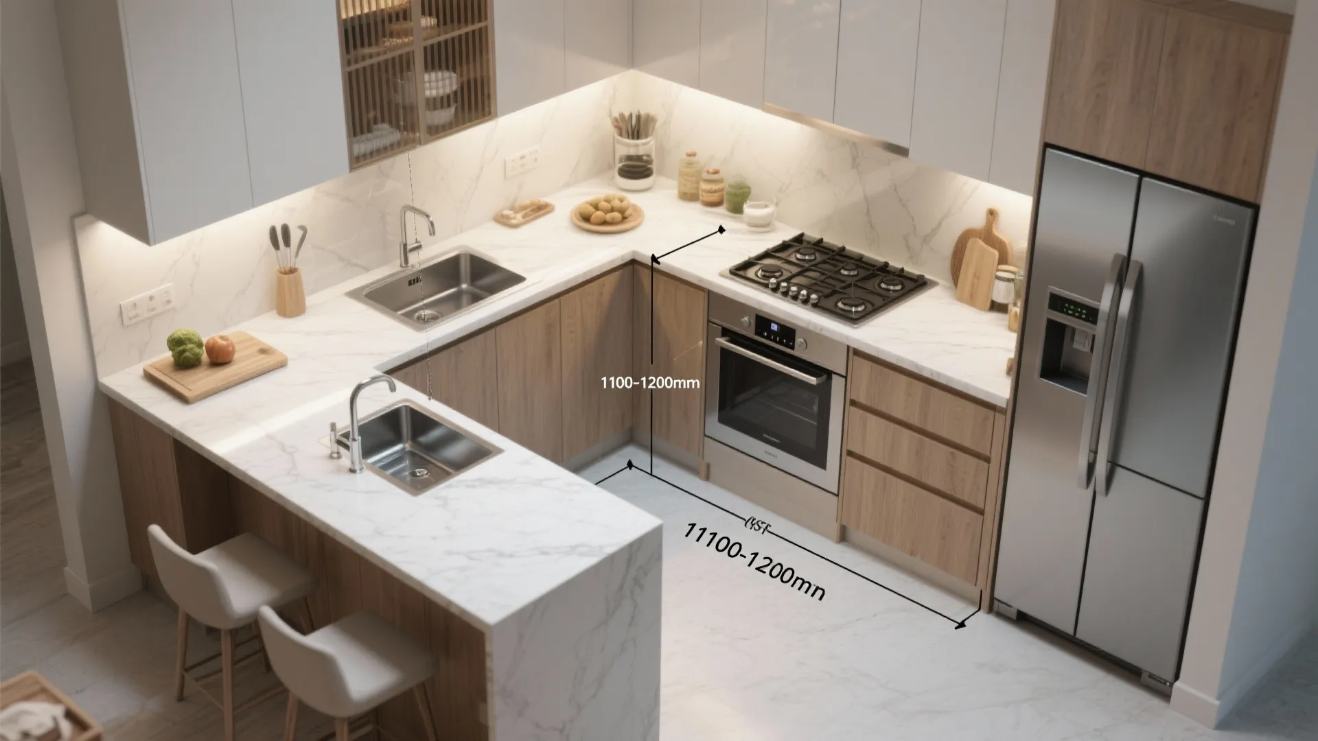 L-shaped kitchen zoning for multi-cook families
