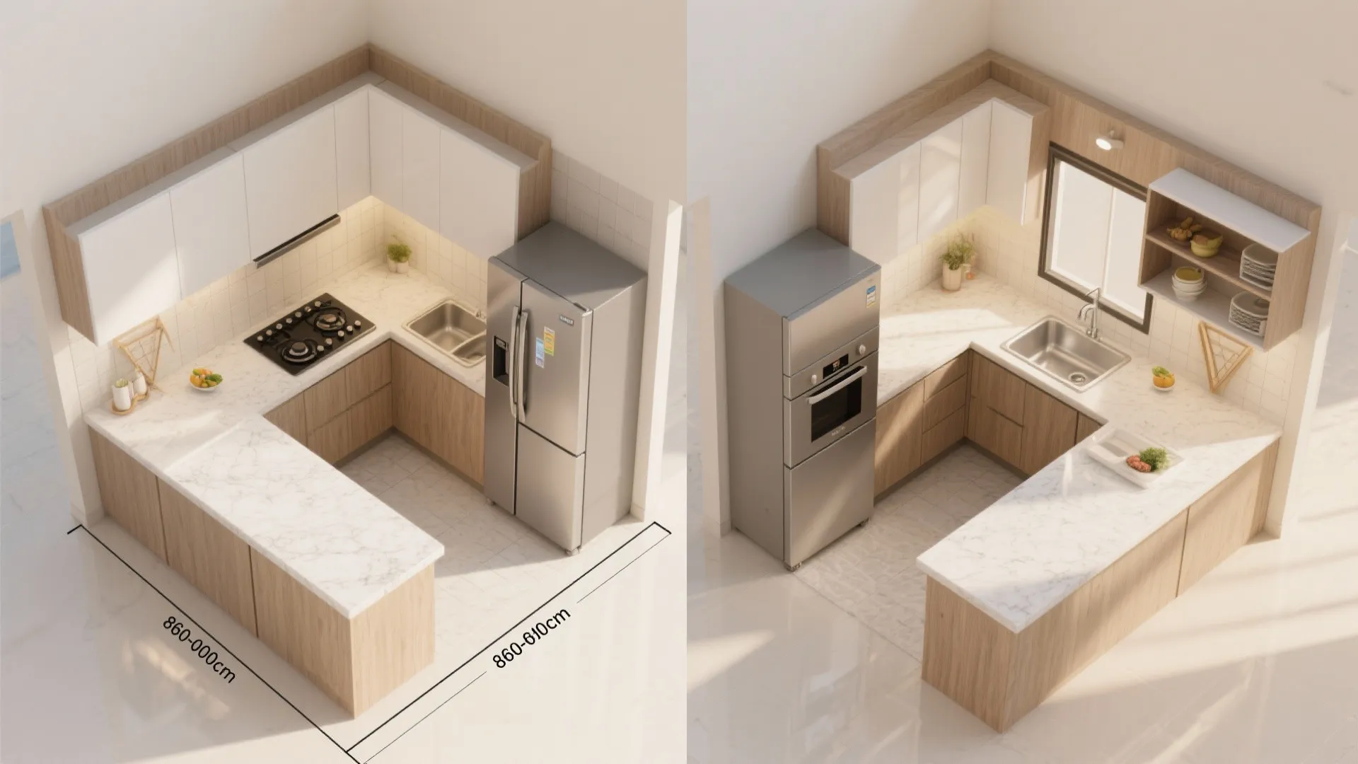 U or L-shaped kitchen to maximize counter flow