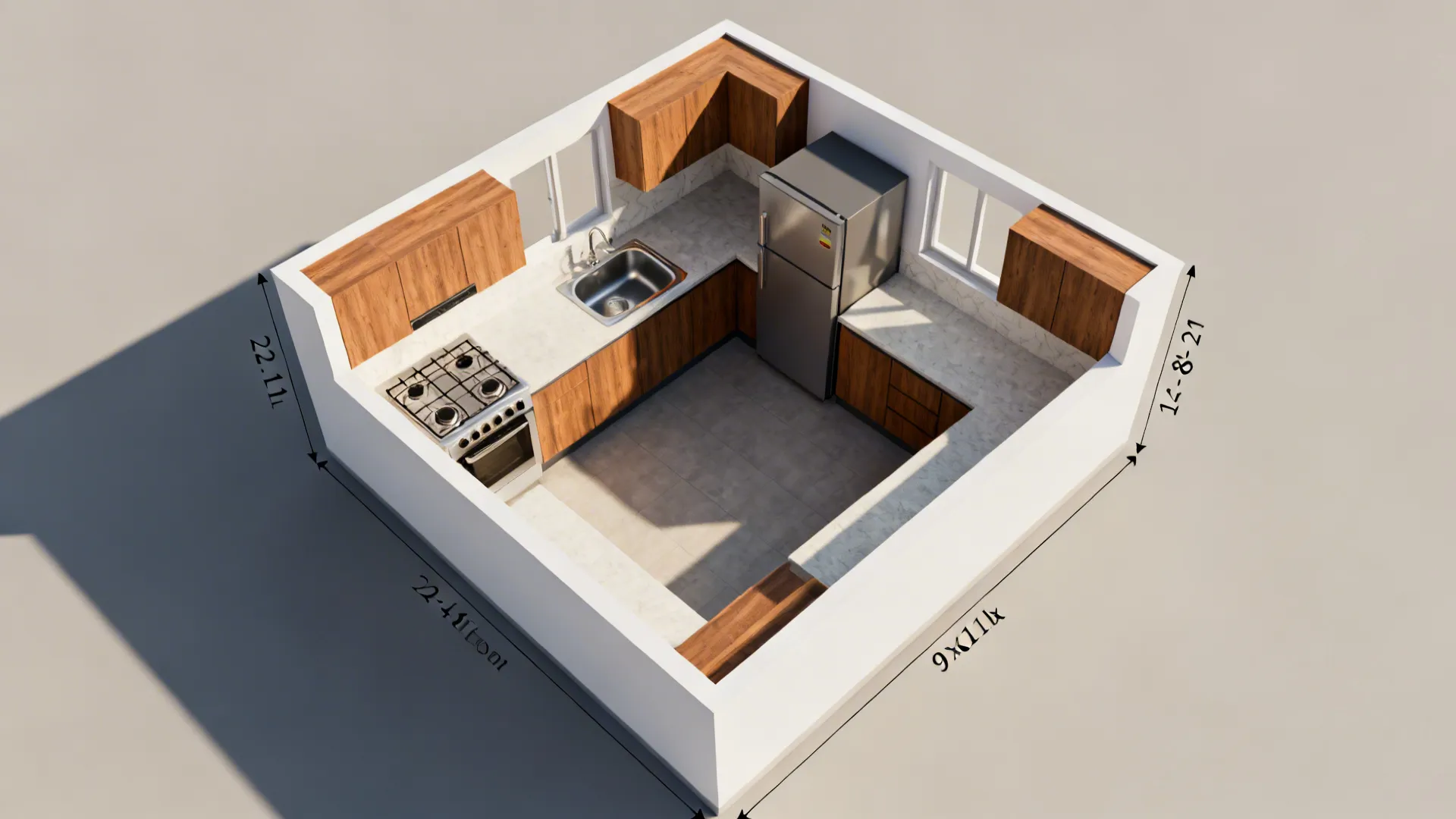 Top-down view of a 9x11 ft L-shaped Kerala kitchen with clear 42–48 inch aisle and efficient triangle.