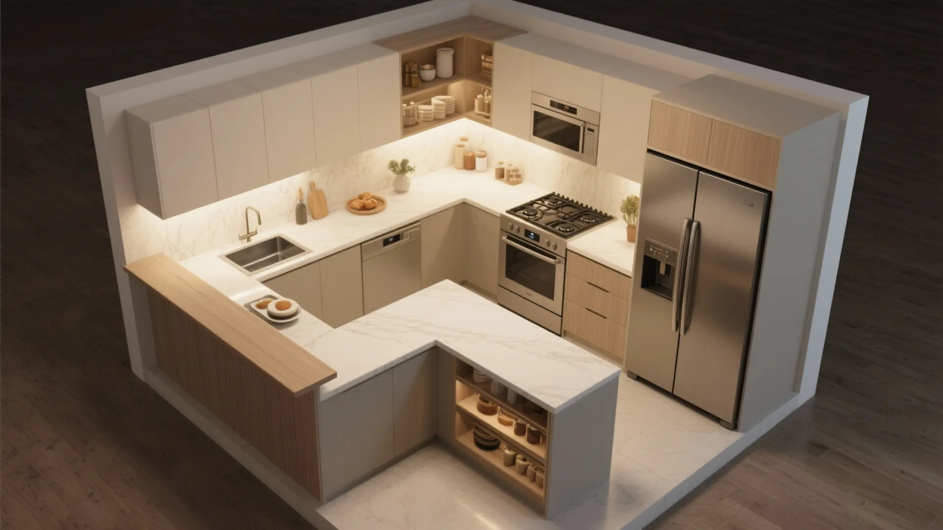 Top-down interior design drawing of a modern U-shaped kitchen with white counters and stainless appliances
