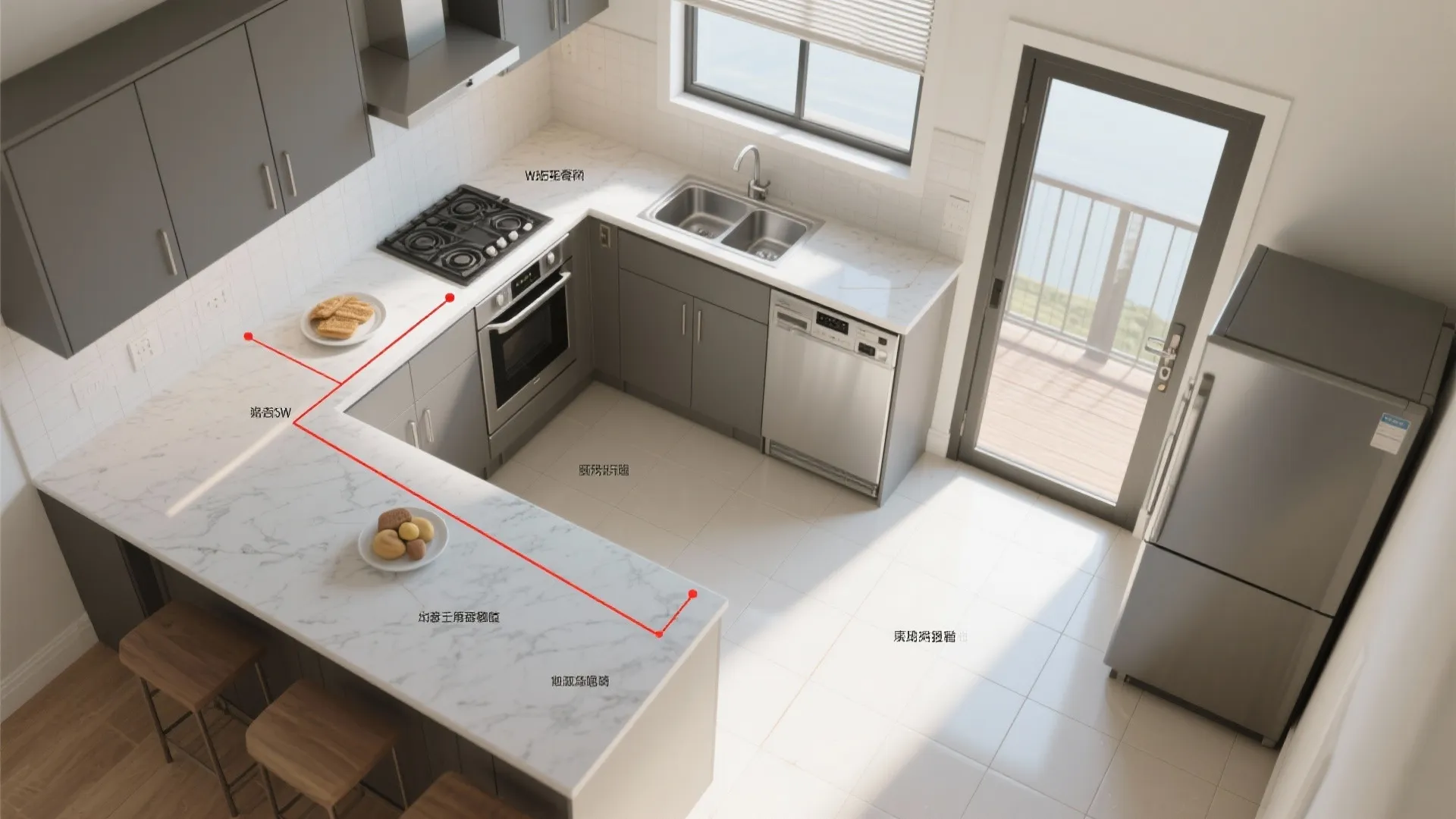 Kitchen: smart L-shaped efficiency with a dry balcony link