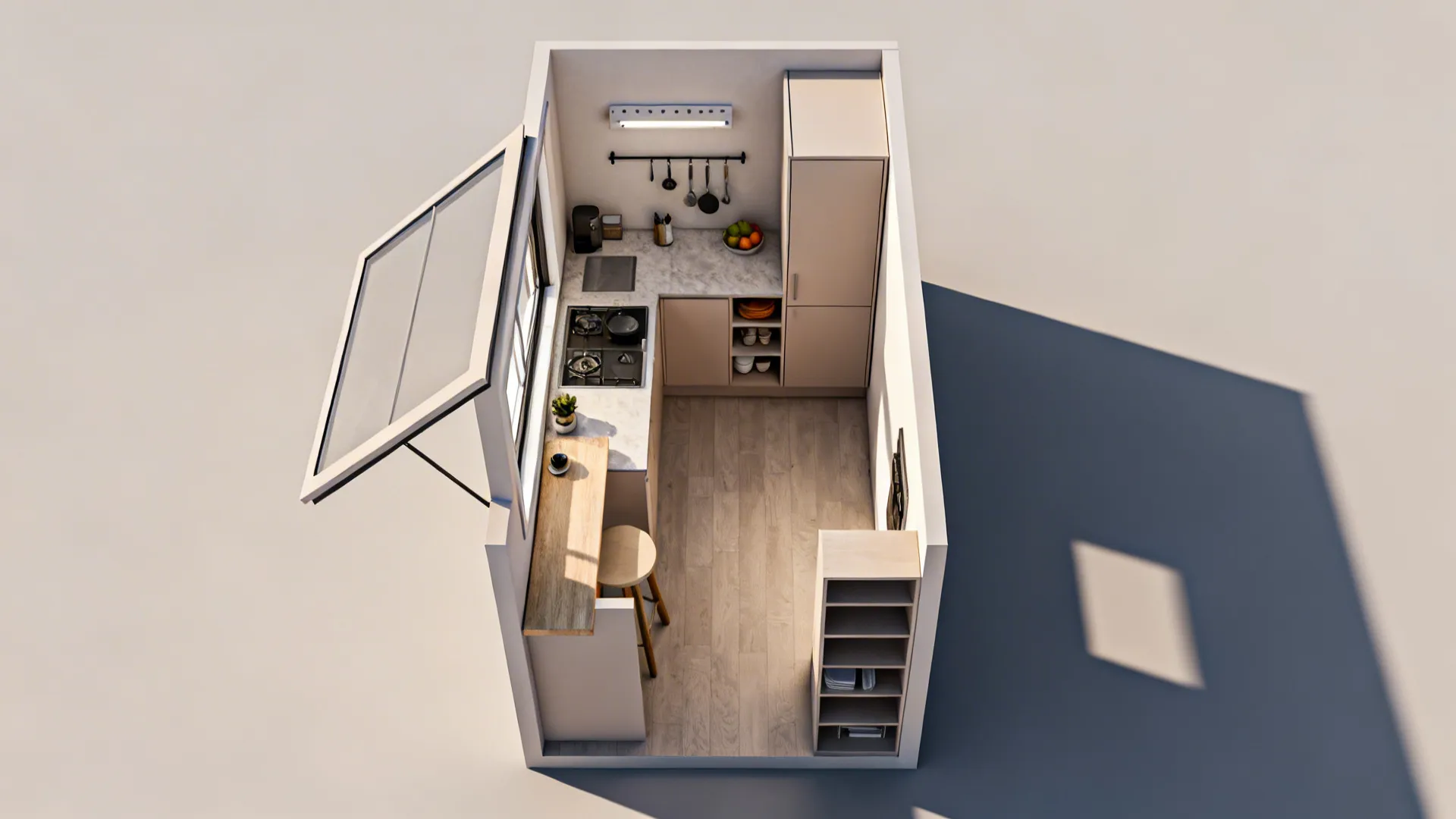 Top-down layout of a small galley kitchen showing placement of slimline cabinet, fold-down bar and vertical storage