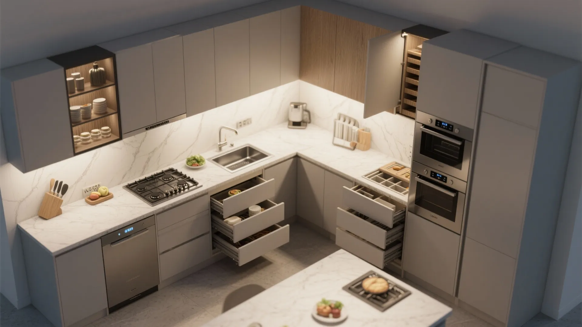Modern kitchen interior design drawing showing white cabinets with open drawers and under cabinet lighting