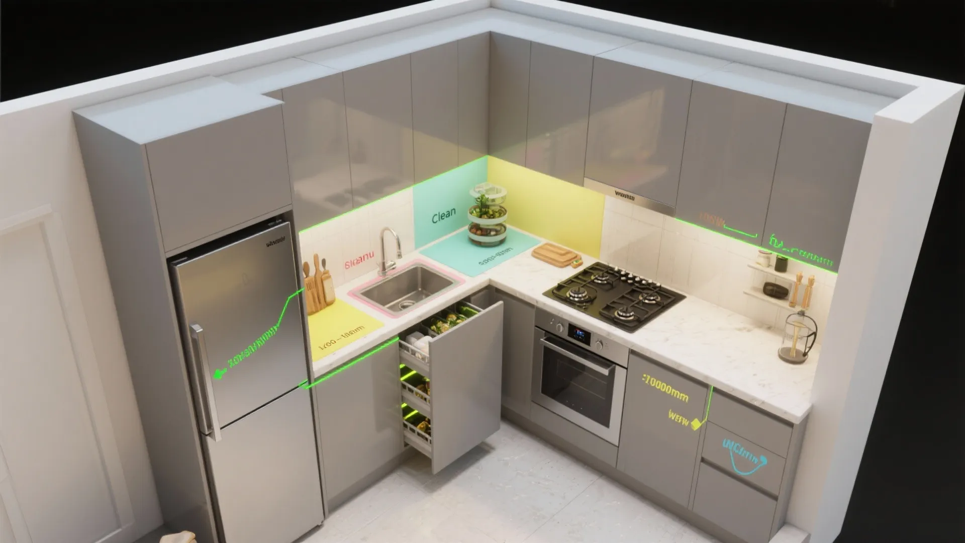 Smart kitchen zoning for 1 BHK routines