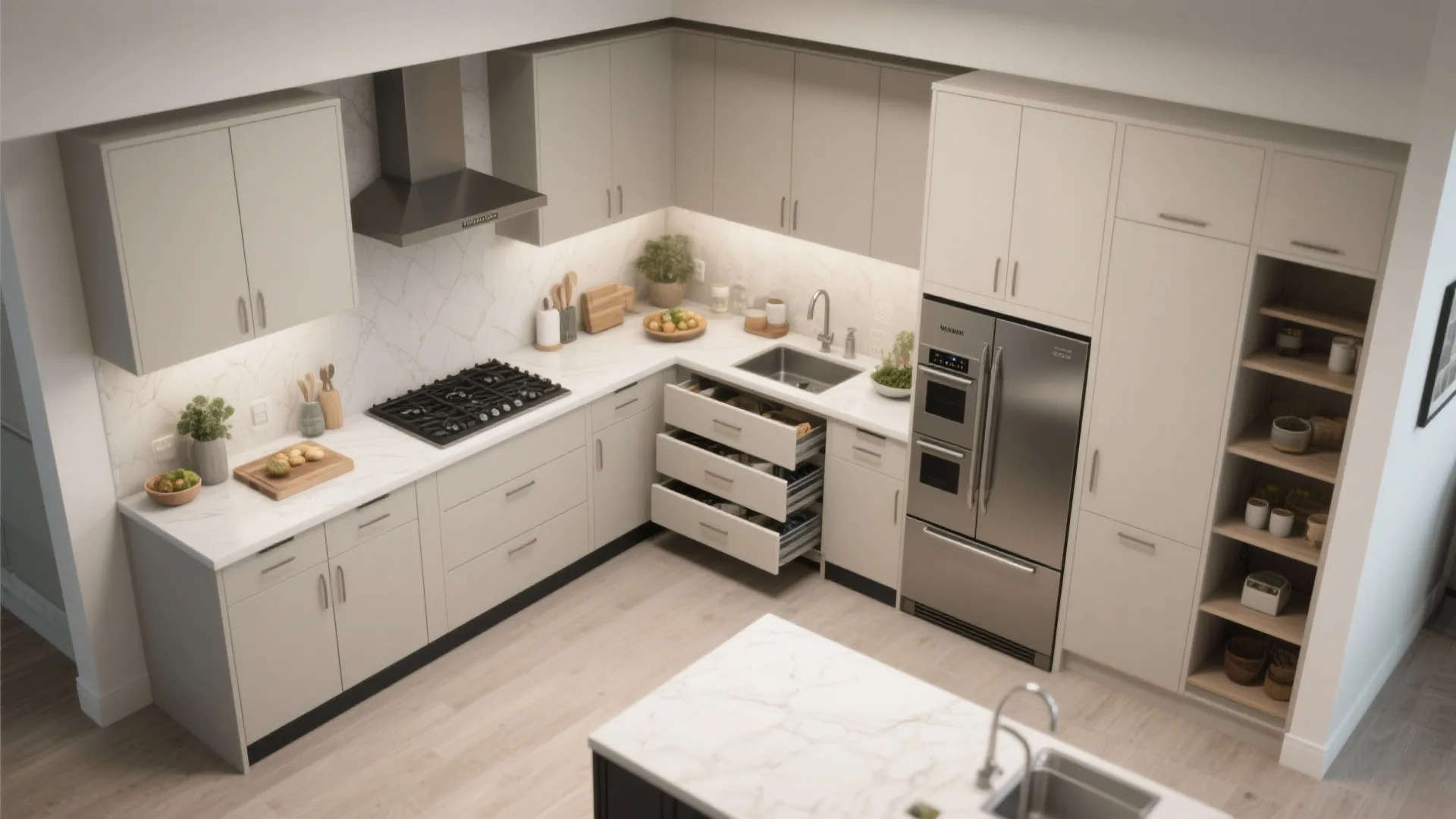 Kitchen zoning with slim profiles