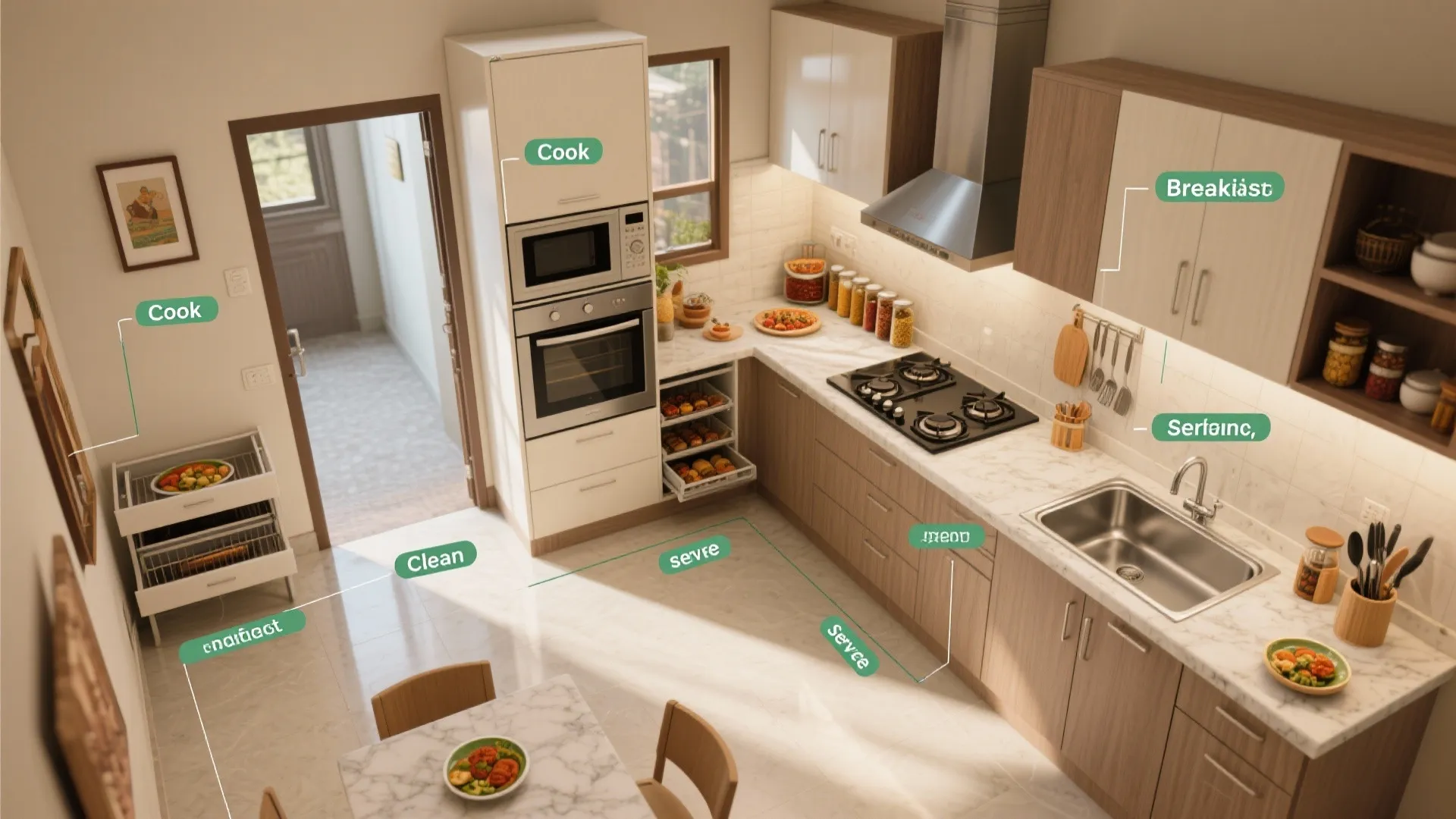 Top view of a kitchen layout showing different functional areas for cooking cleaning and food storage