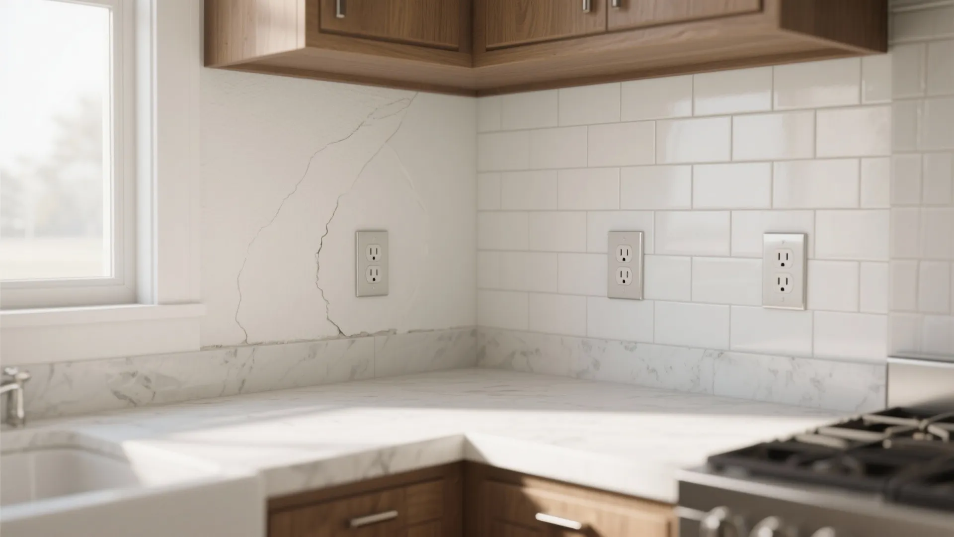 Modern kitchen corner with white tile wall wood cabinets marble countertop and a cracked wall section