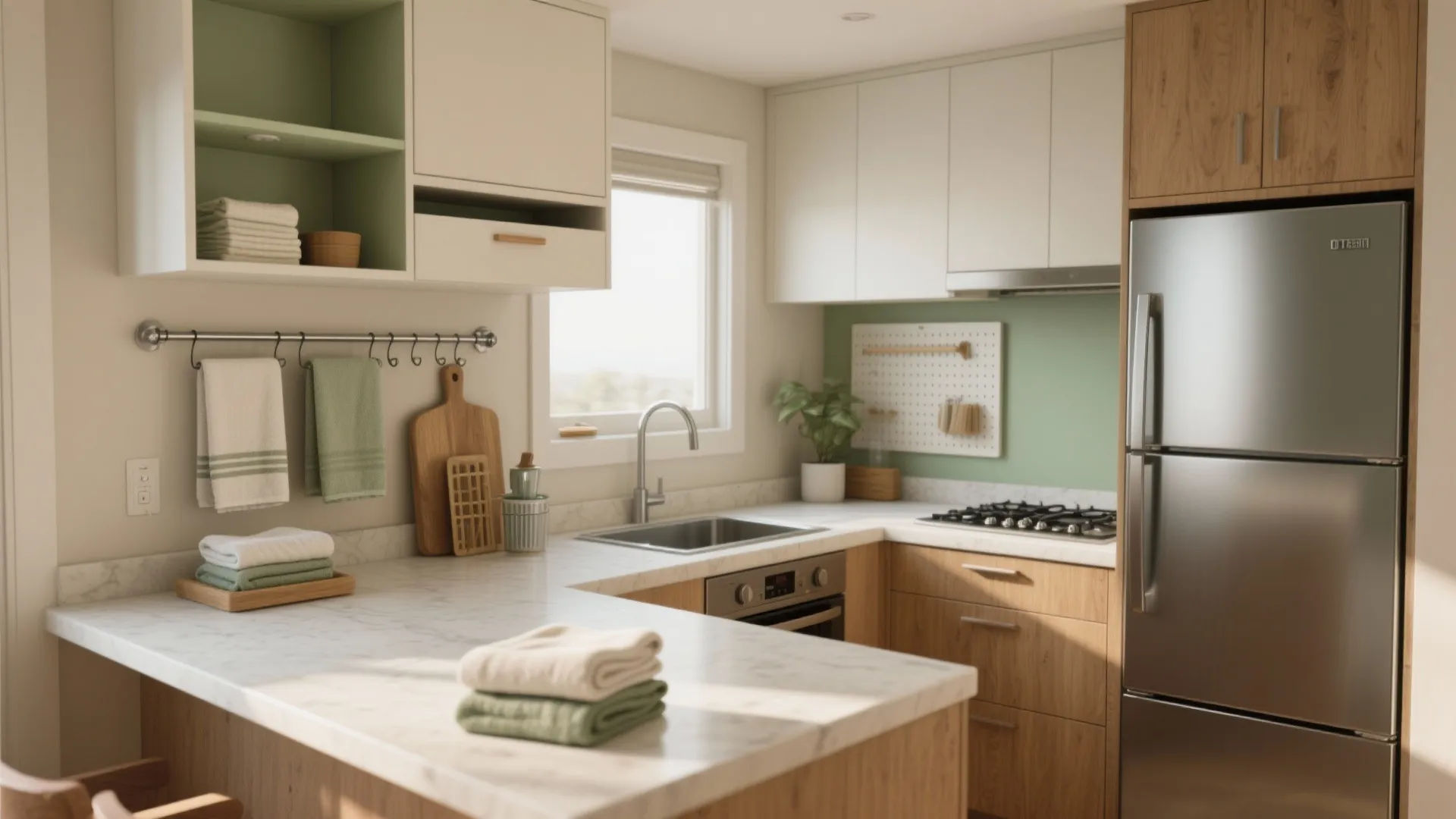 Modern bright kitchen with wooden cabinets white marble countertops and green towels hanging on wall bar