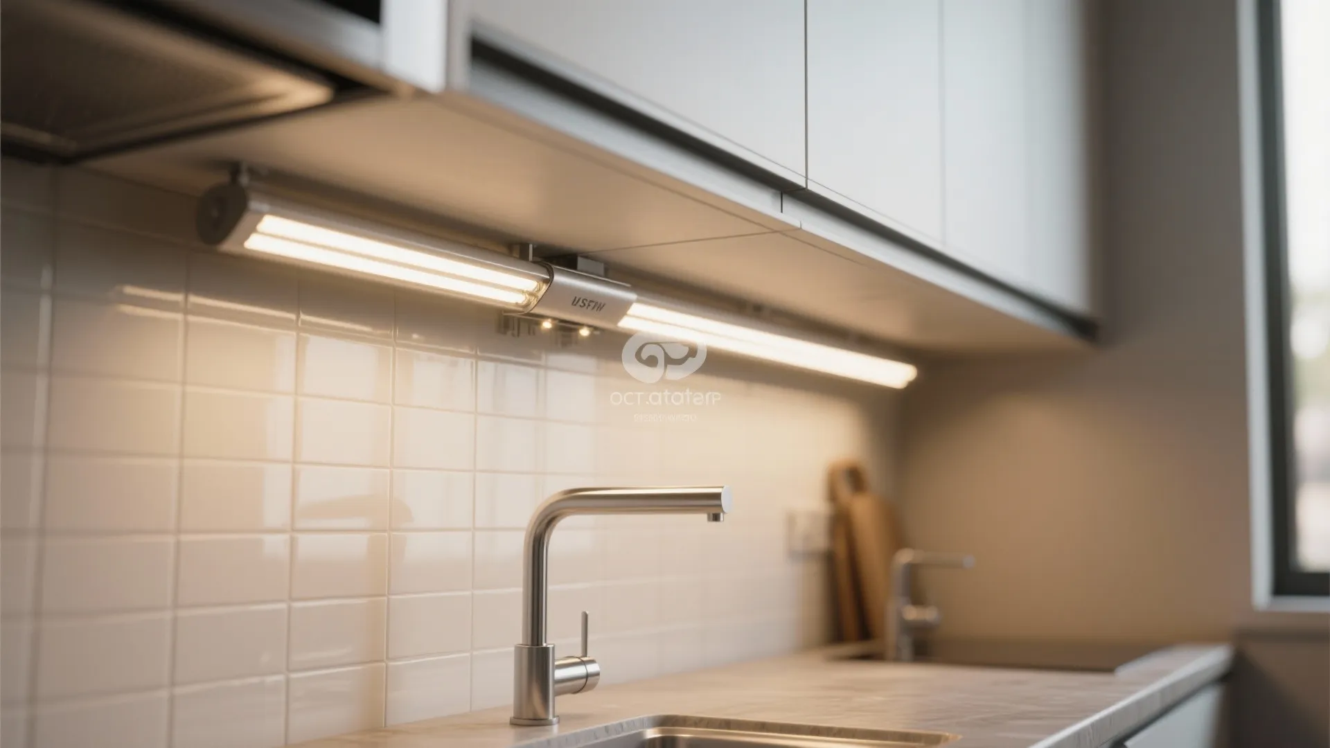 1. Slim linear wall track above kitchen backsplash