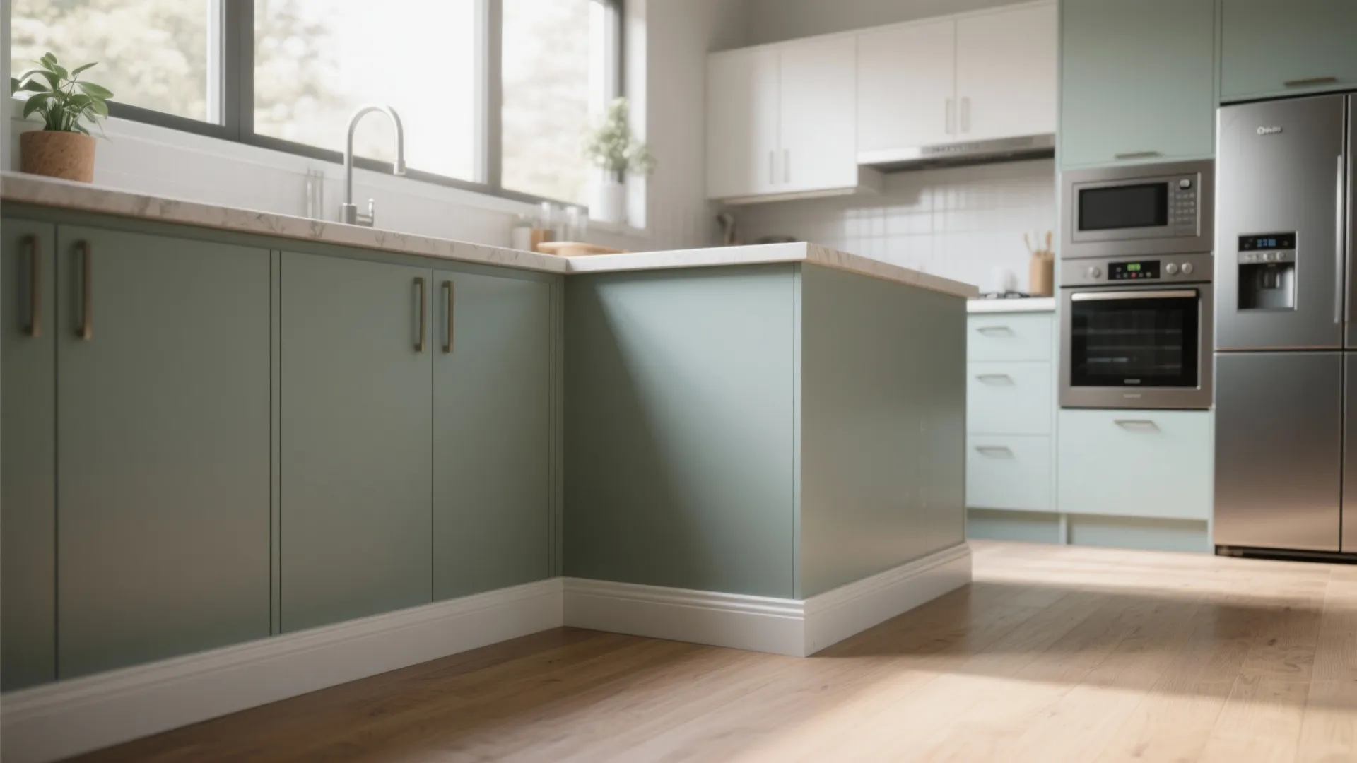 Contemporary kitchen with lower baseboards painted same color as walls and cabinets, showing a durable satin finish in a high-traffic zone.